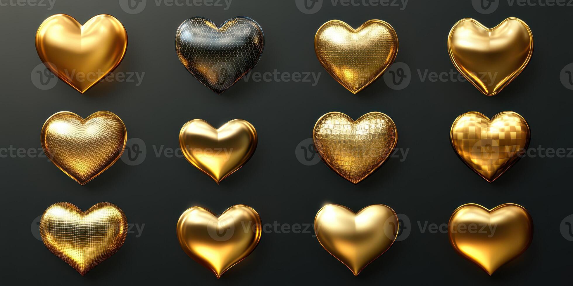 Unique collection of golden hearts in various textures and shapes displayed on a dark background showcasing creativity in design photo