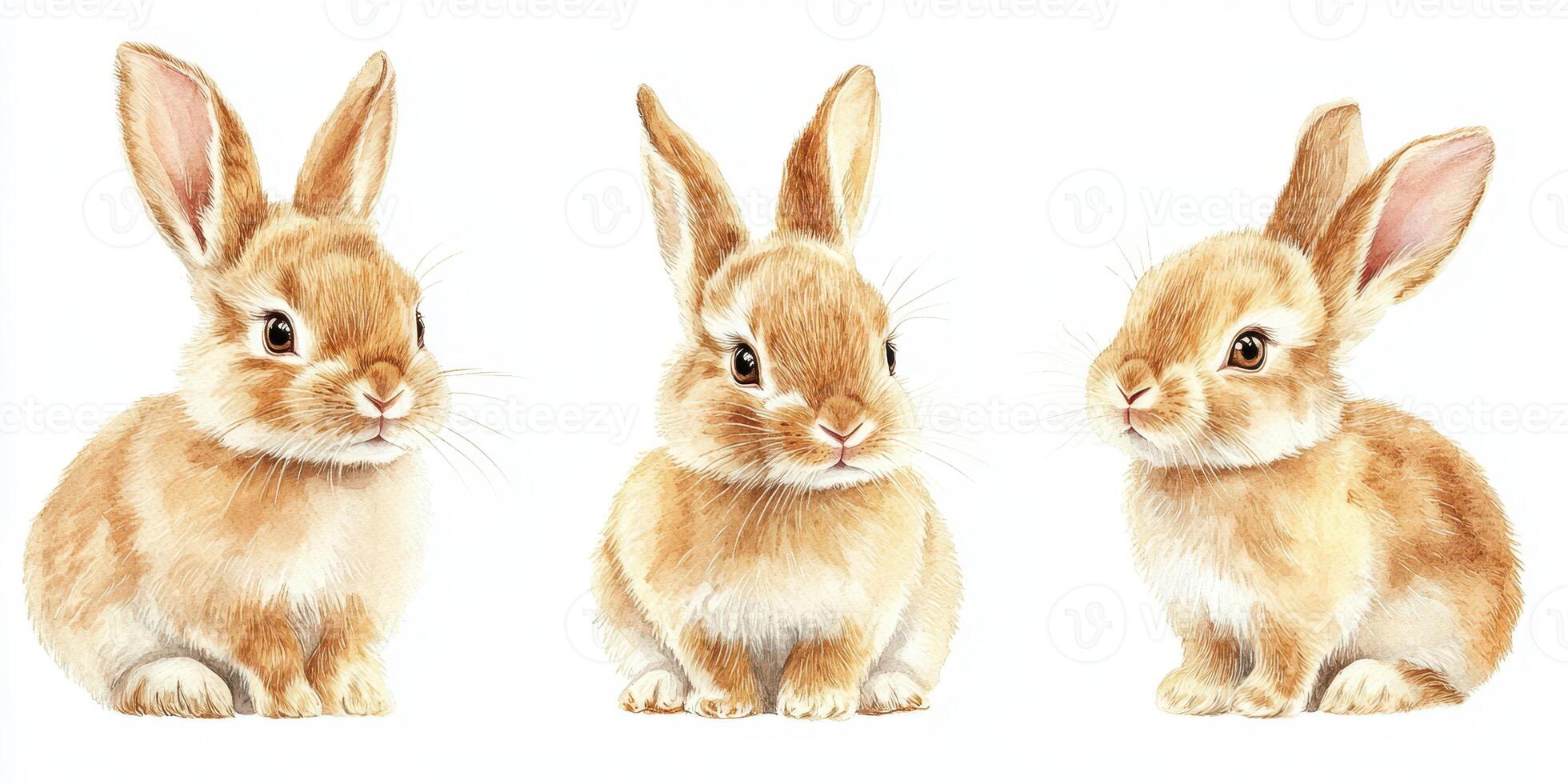 Three adorable rabbits sitting in a row displaying their fluffy coats and playful expressions in a gentle light photo
