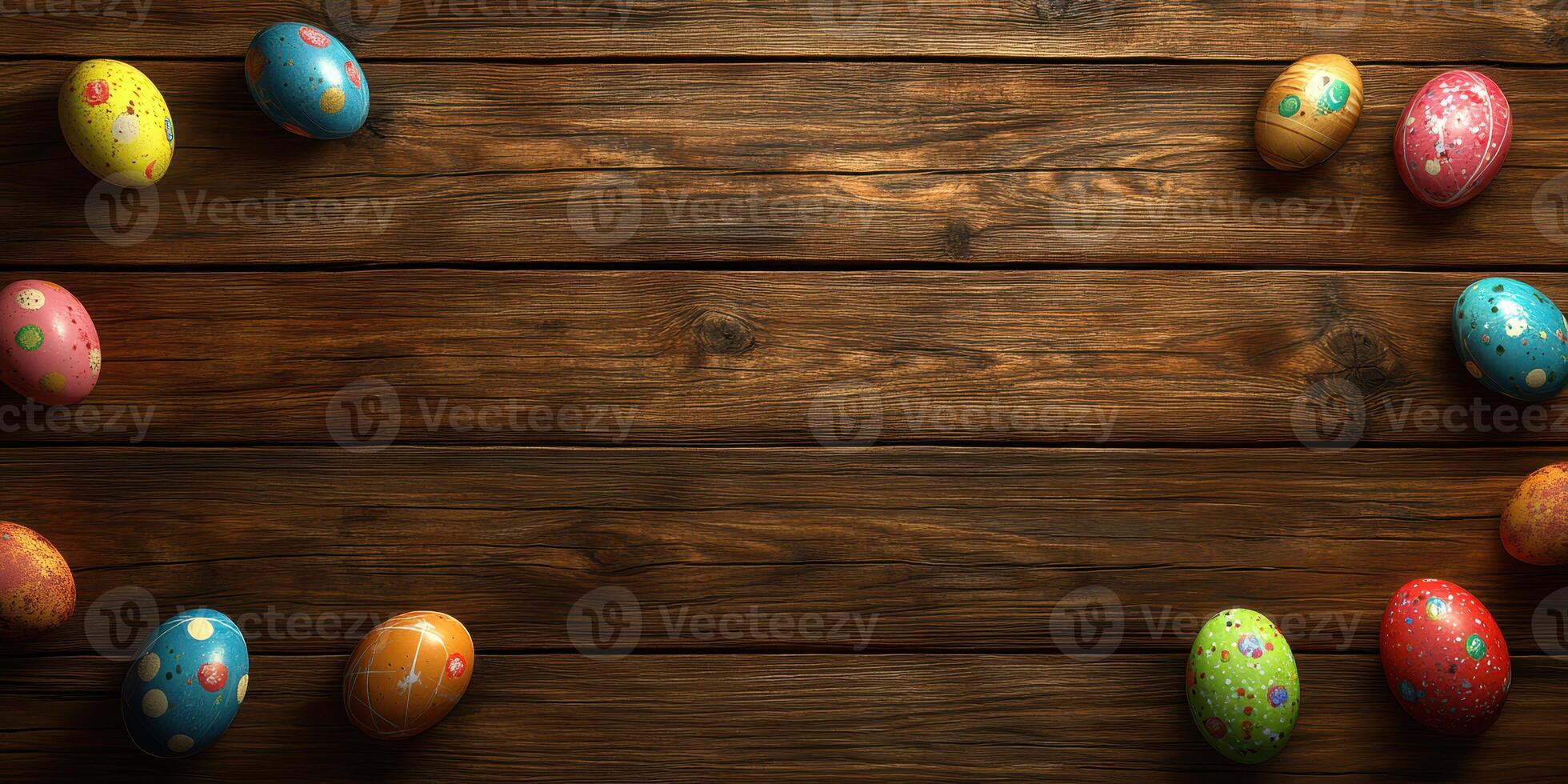 Colorful decorated eggs arranged on a rustic wooden table for a spring celebration or holiday gathering photo