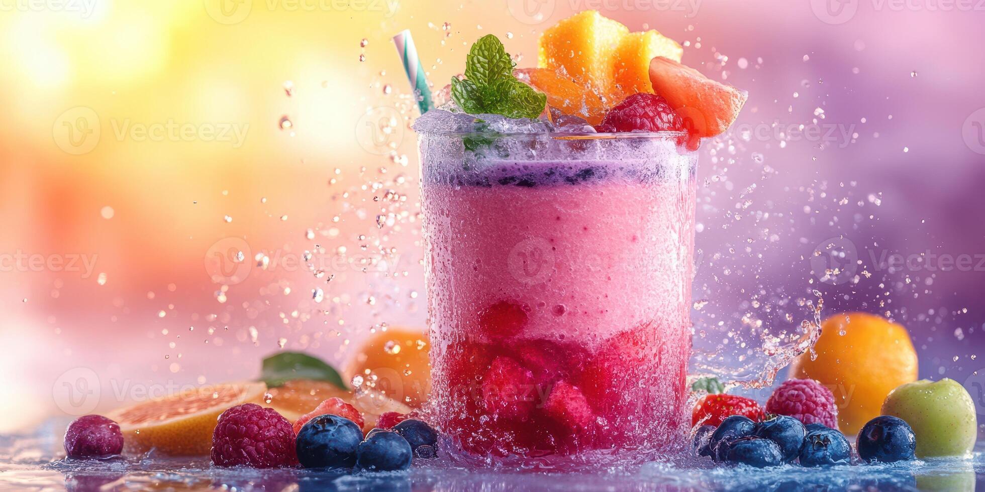 Refreshing fruit smoothie with vibrant colors and splashes served in a clear glass on a sunny day photo