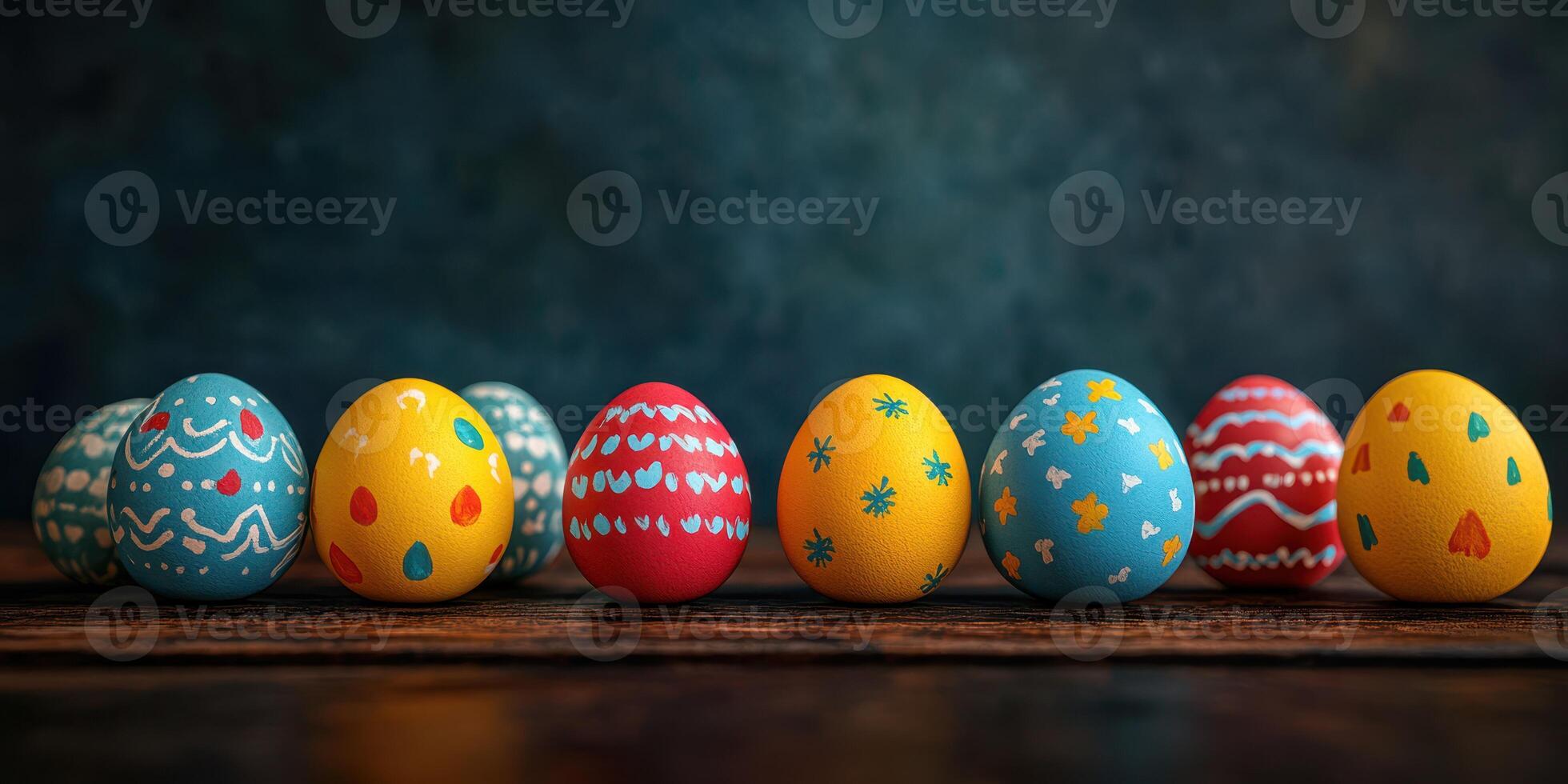 Decorative Easter eggs arranged on a wooden surface with colorful patterns under soft lighting photo