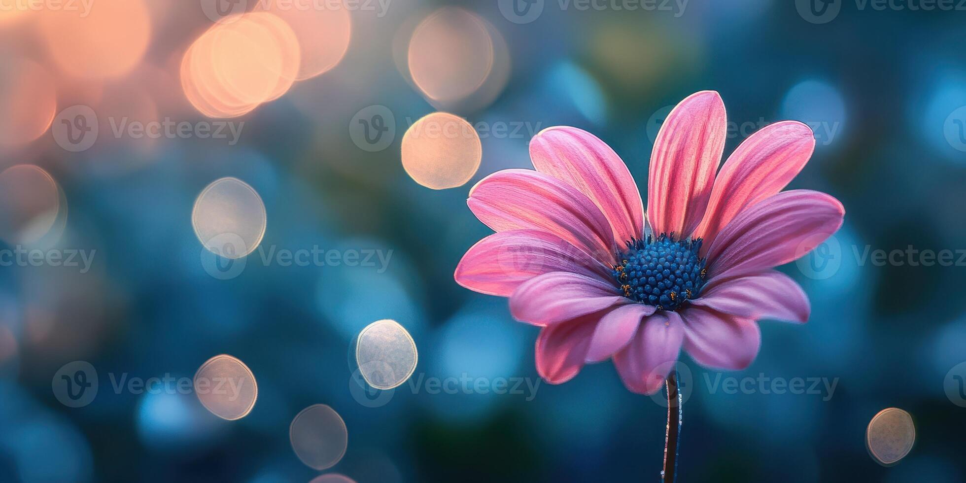 Vibrant pink flower stands out against a softly blurred bokeh background in a garden during twilight photo