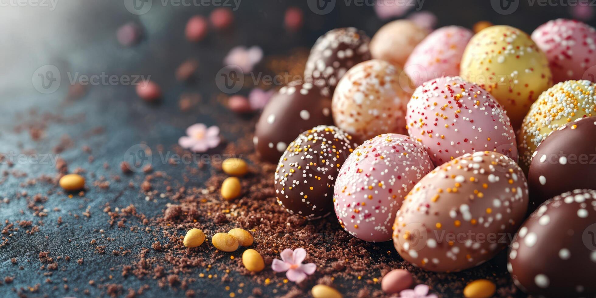 Colorful chocolate eggs arranged on a dark surface with decorative sprinkles and flowers for a festive celebration during springtime photo