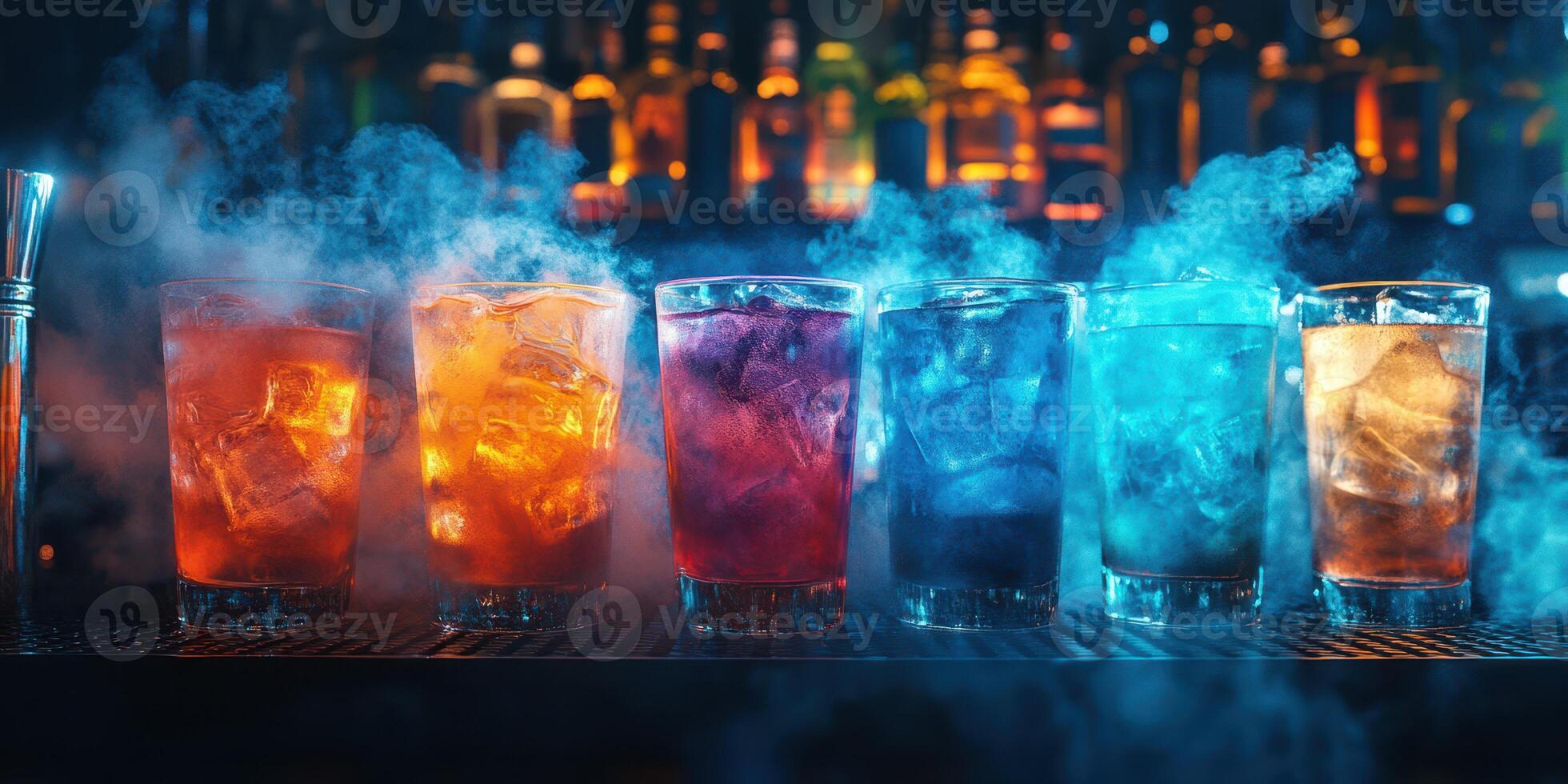 Colorful cocktails lined up at a vibrant bar illuminated by neon lights in the evening photo