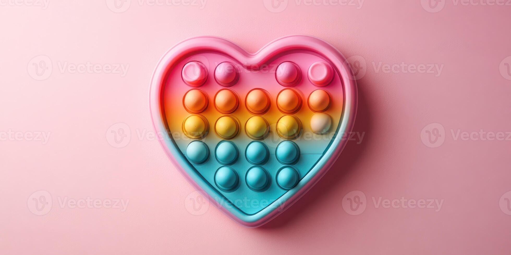Heart-shaped pop it toy in vibrant colors resting on a pink background to create a cheerful aesthetic photo