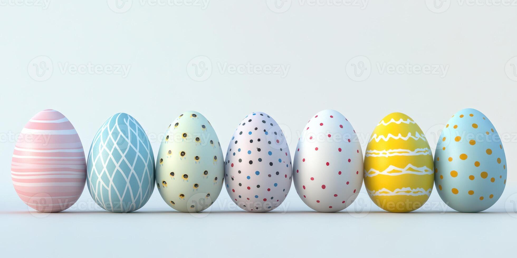 Colorfully decorated Easter eggs arranged in a row on a light background during springtime festivities photo