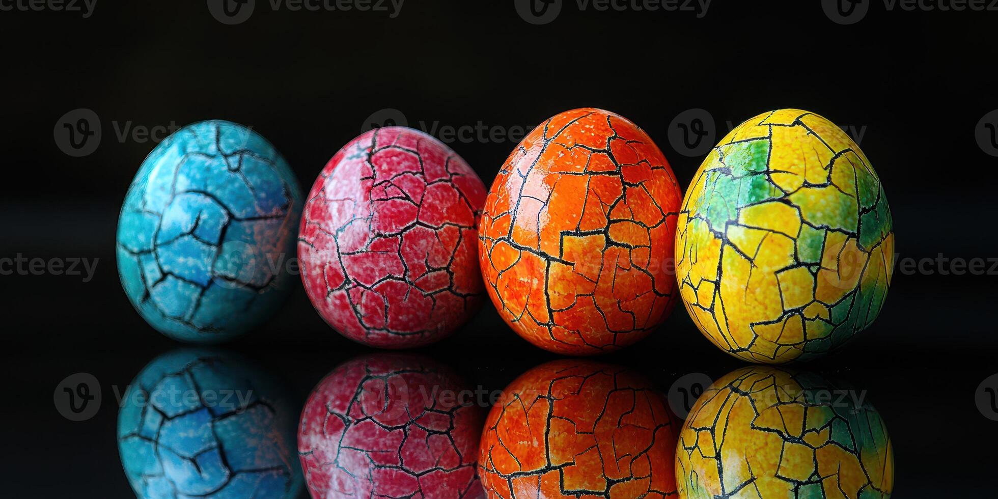Vibrant decorative eggs in a variety of colors showcasing intricate crack patterns on a reflective surface photo