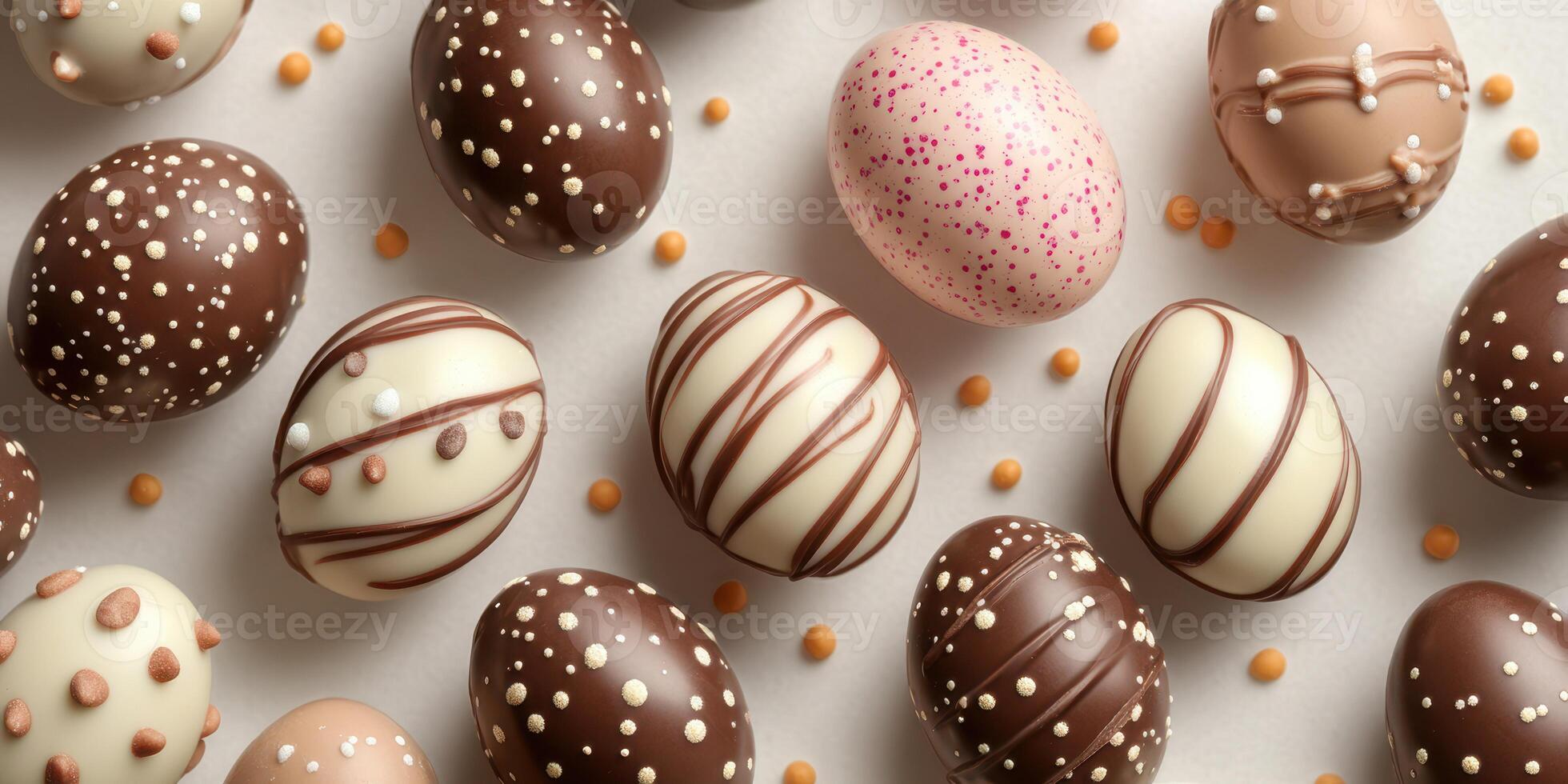 Decorative chocolate eggs arranged on a light surface for a festive celebration during springtime photo