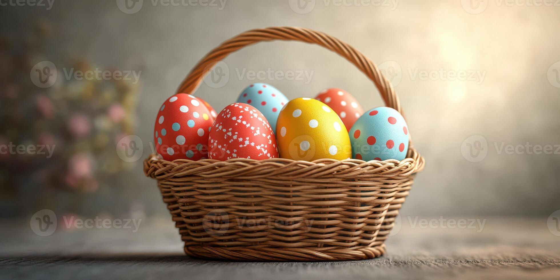Decorative Easter eggs in a wicker basket on a rustic wooden surface with soft lighting for a festive atmosphere photo