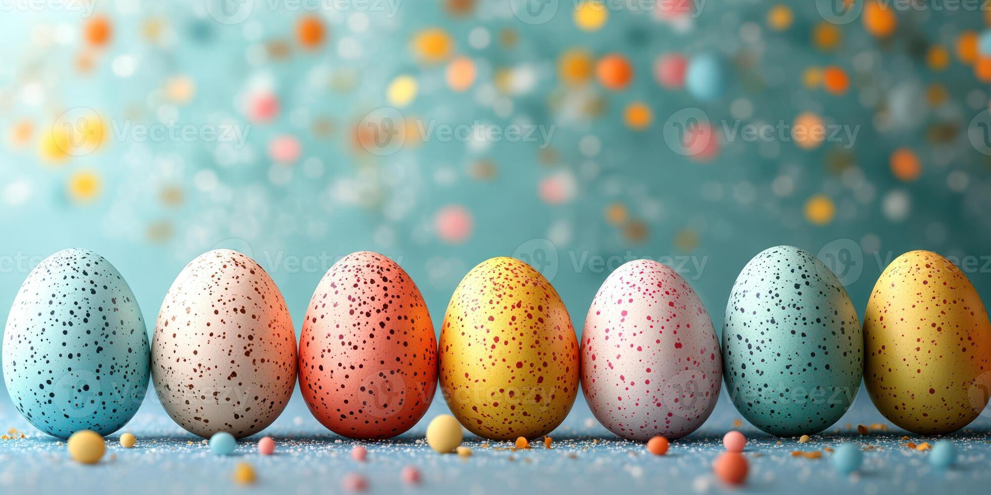 Colorful speckled eggs arranged in a row on a festive table during a spring celebration photo