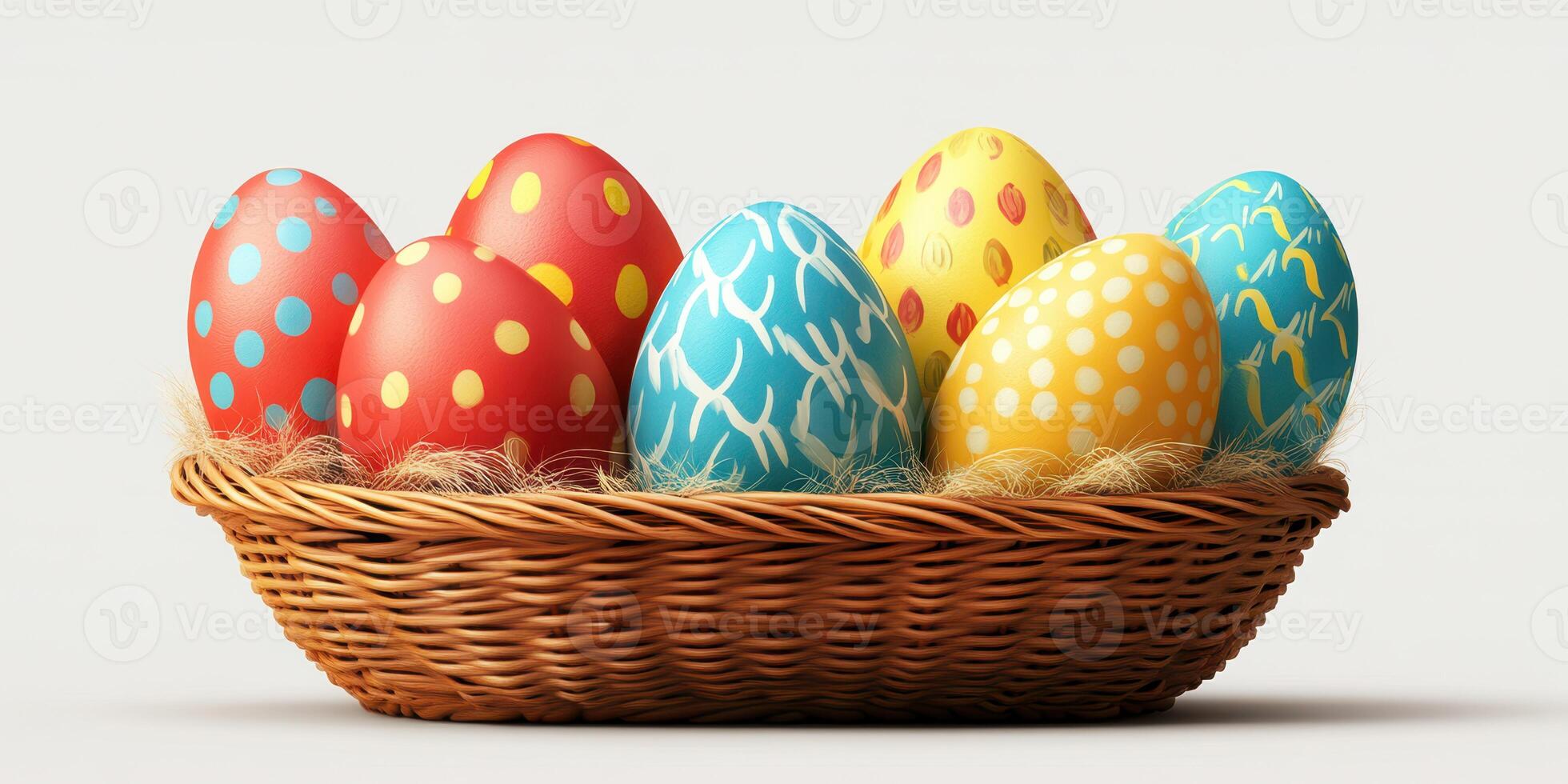 Colorful decorated eggs arranged in a wicker basket on a plain background for a festive celebration photo