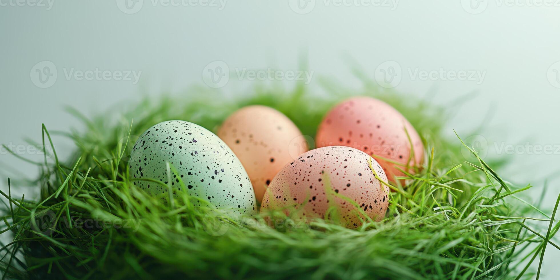 Colorful Easter eggs resting in a cozy nest made of bright green grass during springtime celebrations photo