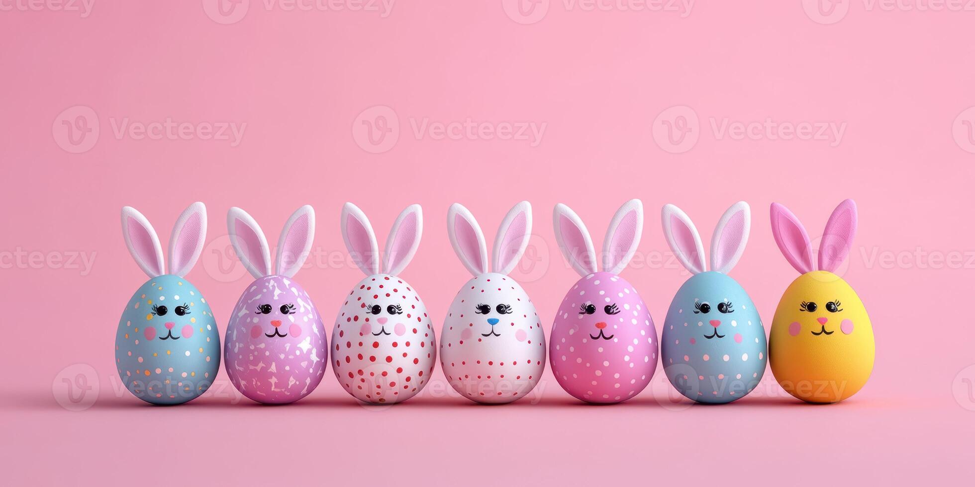 Colorful decorated Easter eggs lined up on a pink surface with bunny ear designs and playful expressions photo