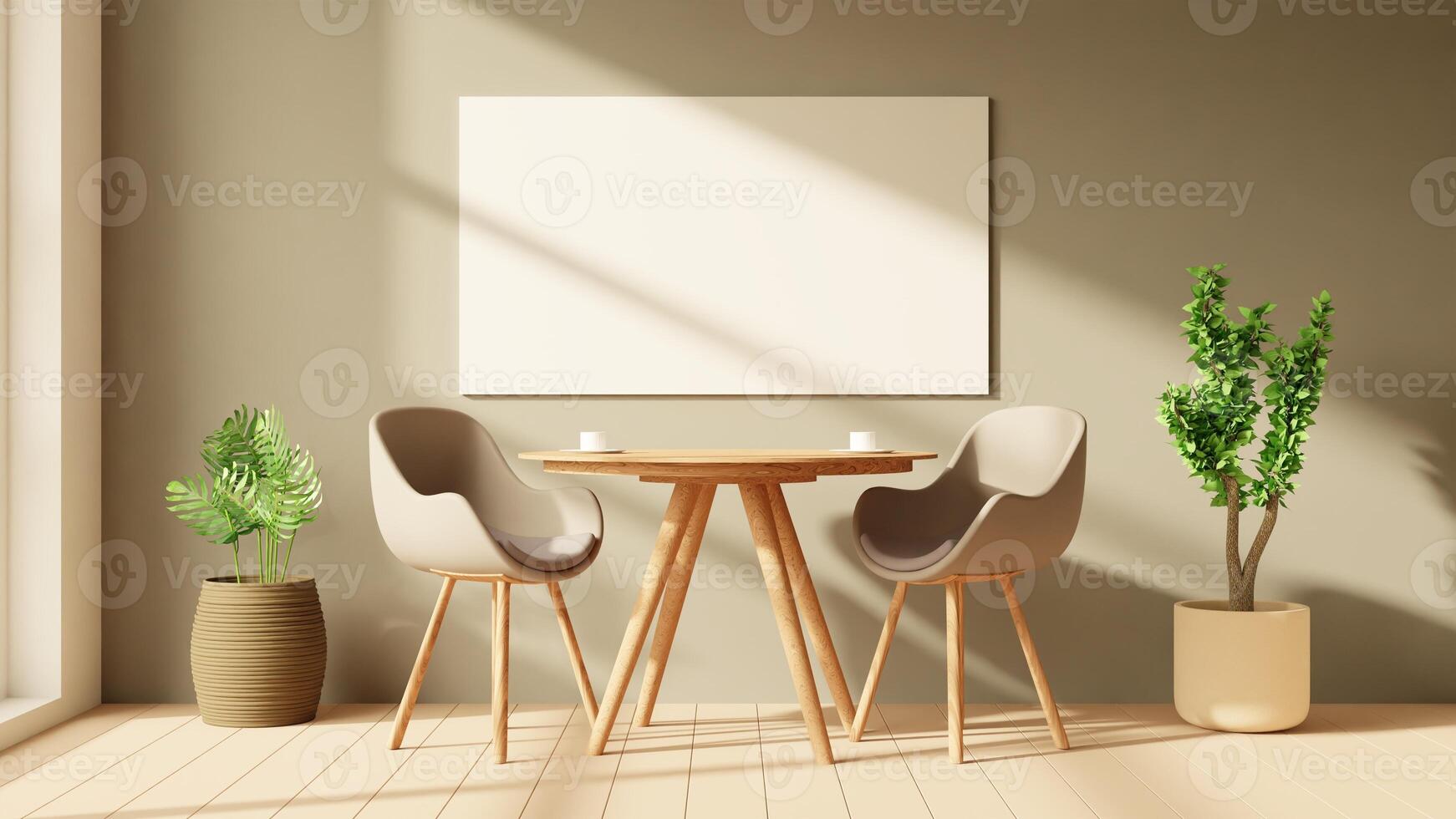 A room with a table and chairs in front of a window photo