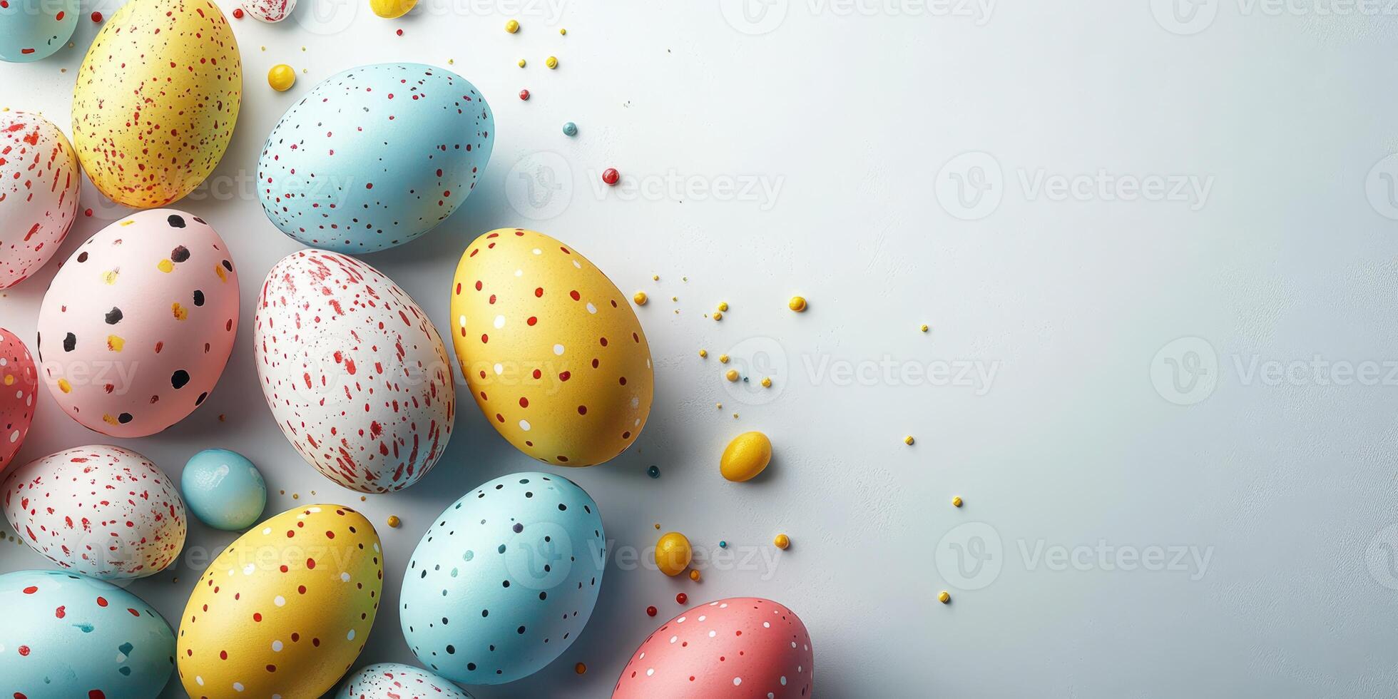 Colorful decorated Easter eggs scattered on a light surface for spring celebrations and festive activities photo