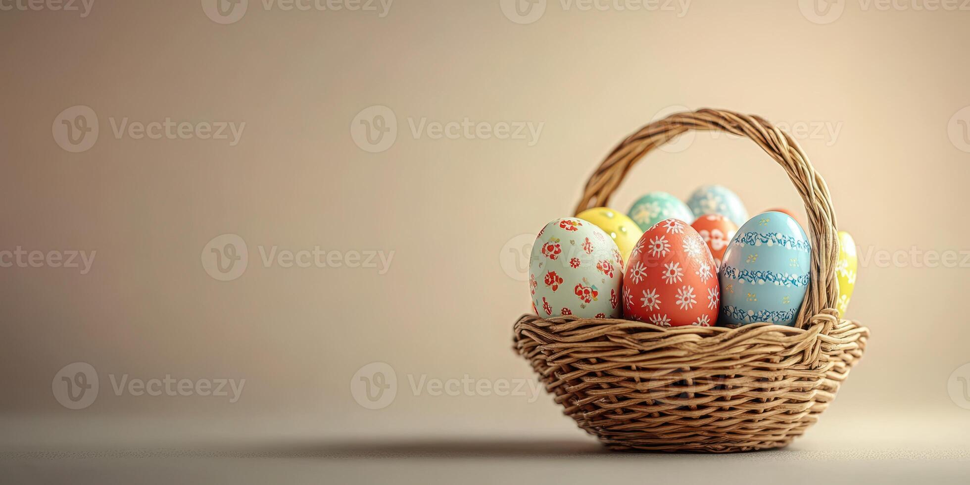 Colorful decorative eggs in a wicker basket for an Easter celebration in a simple setting photo