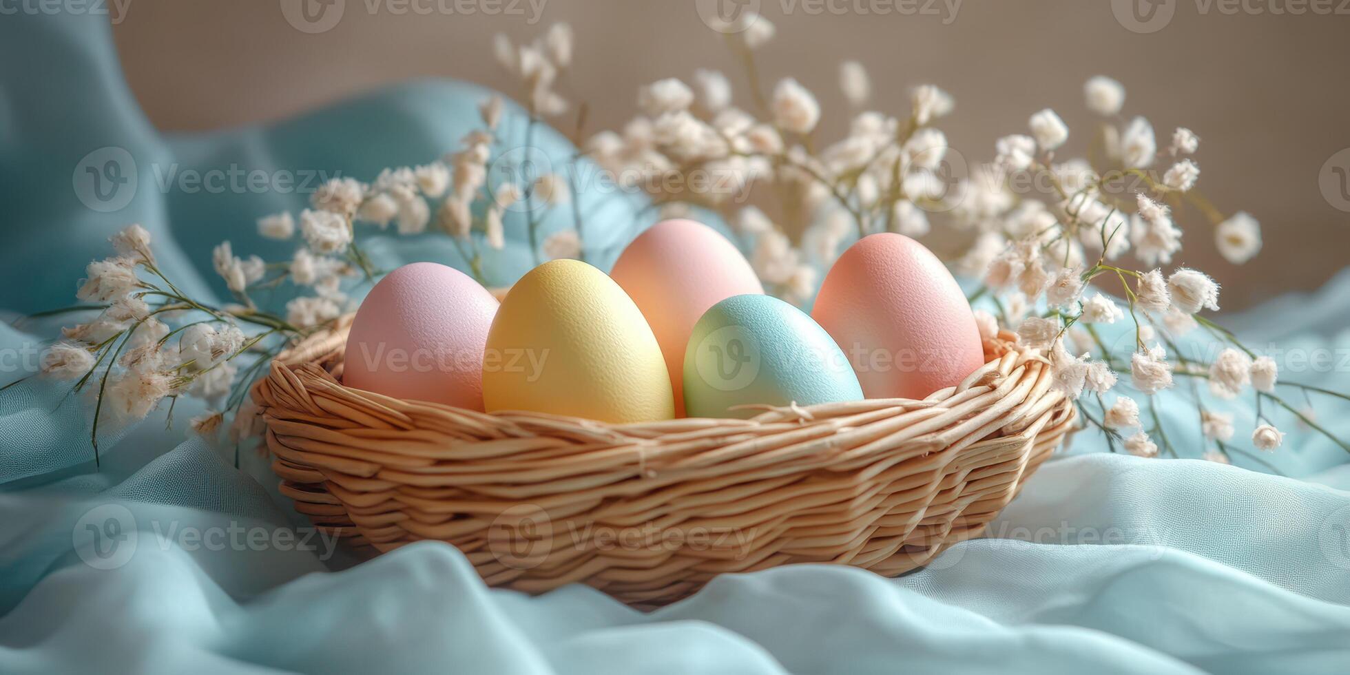 Decorative pastel colored eggs arranged in a wicker basket surrounded by delicate flowers on soft fabric photo