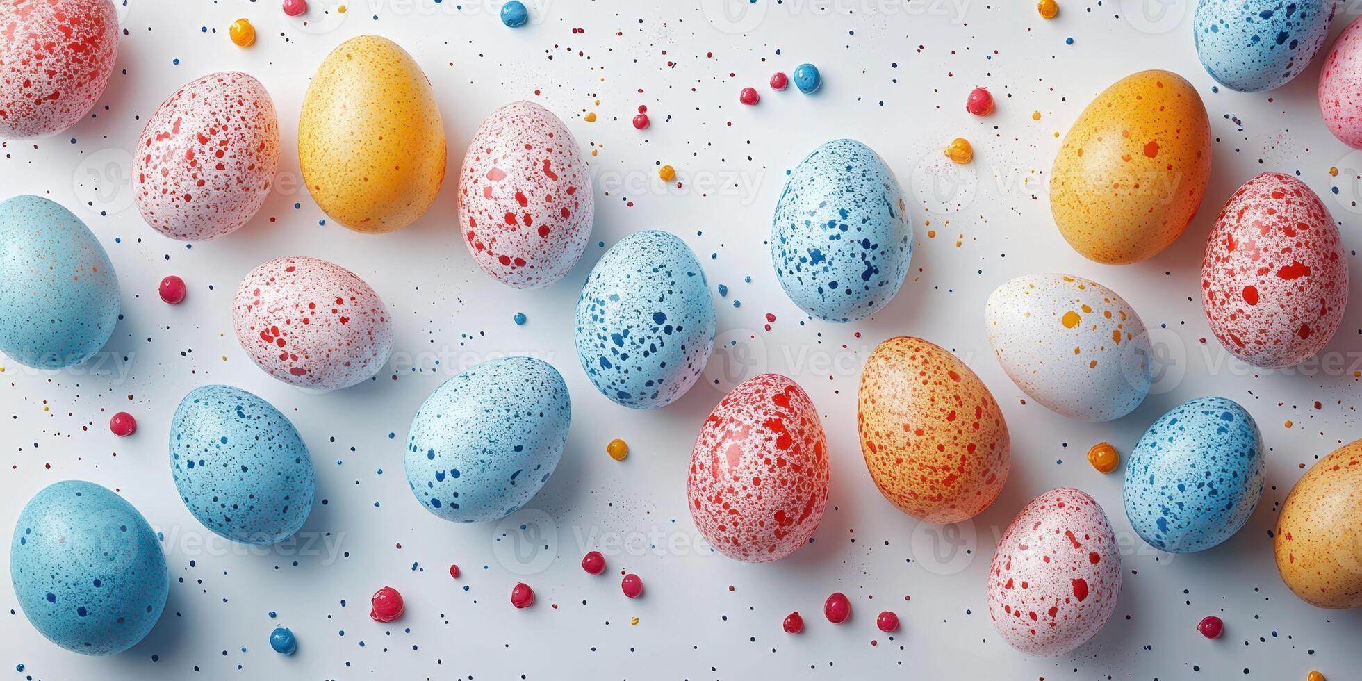 Colorful speckled eggs arranged on a white surface for a festive spring celebration photo