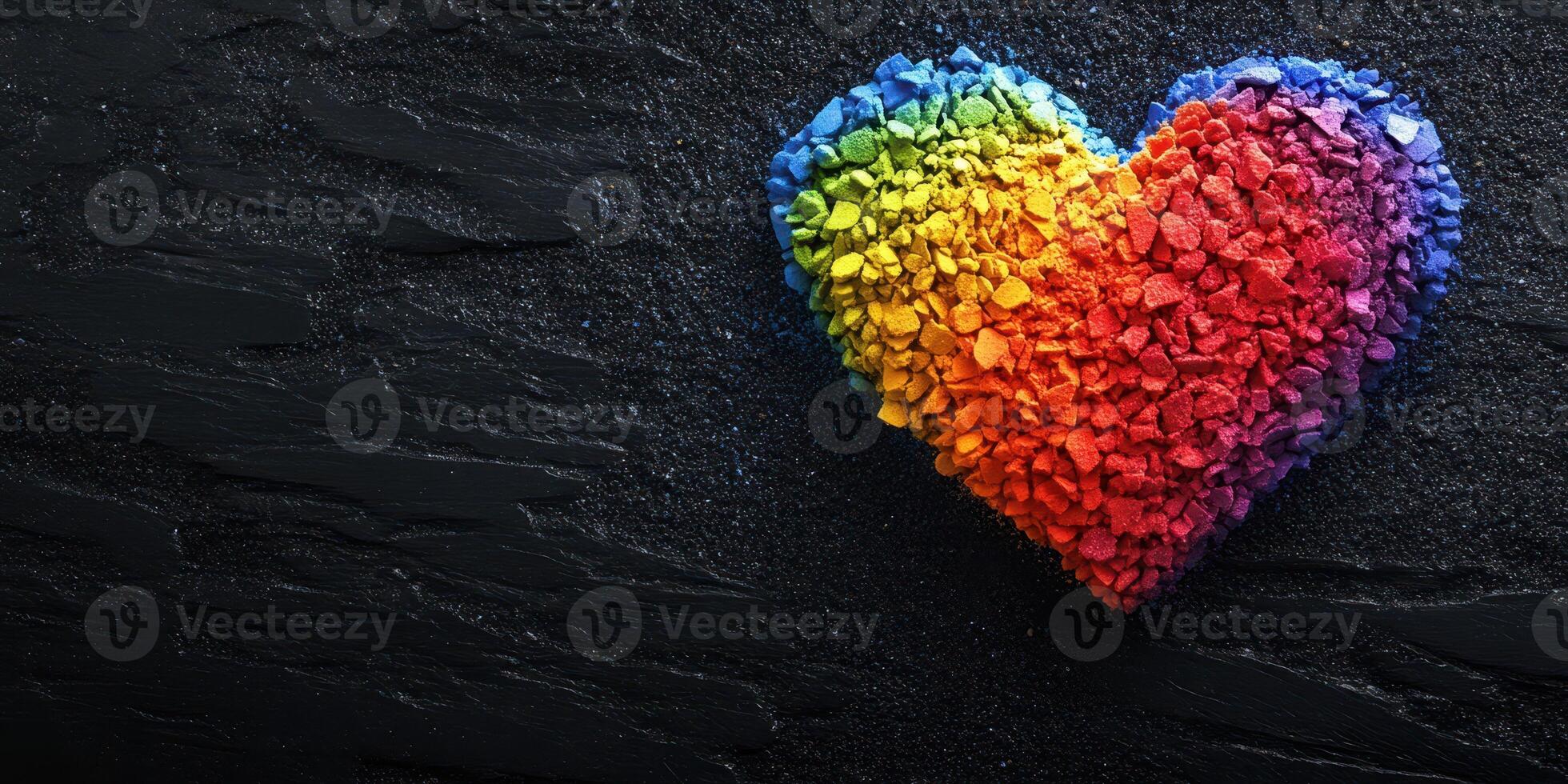 Colorful heart shape made of crushed stones on a dark background symbolizing love and diversity in a creative art piece photo