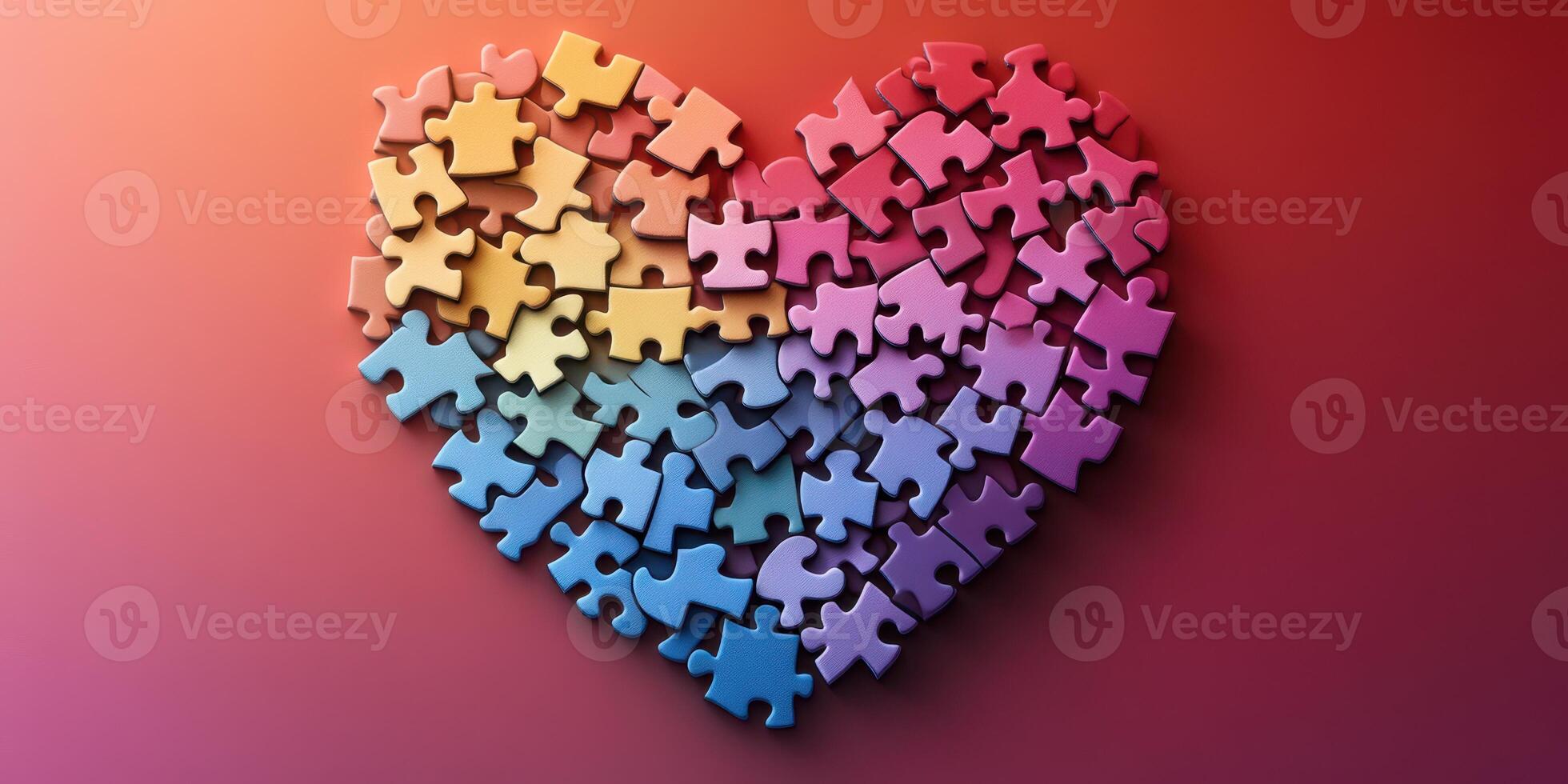 Colorful puzzle pieces arranged in a heart shape creating a vibrant display of love and unity photo