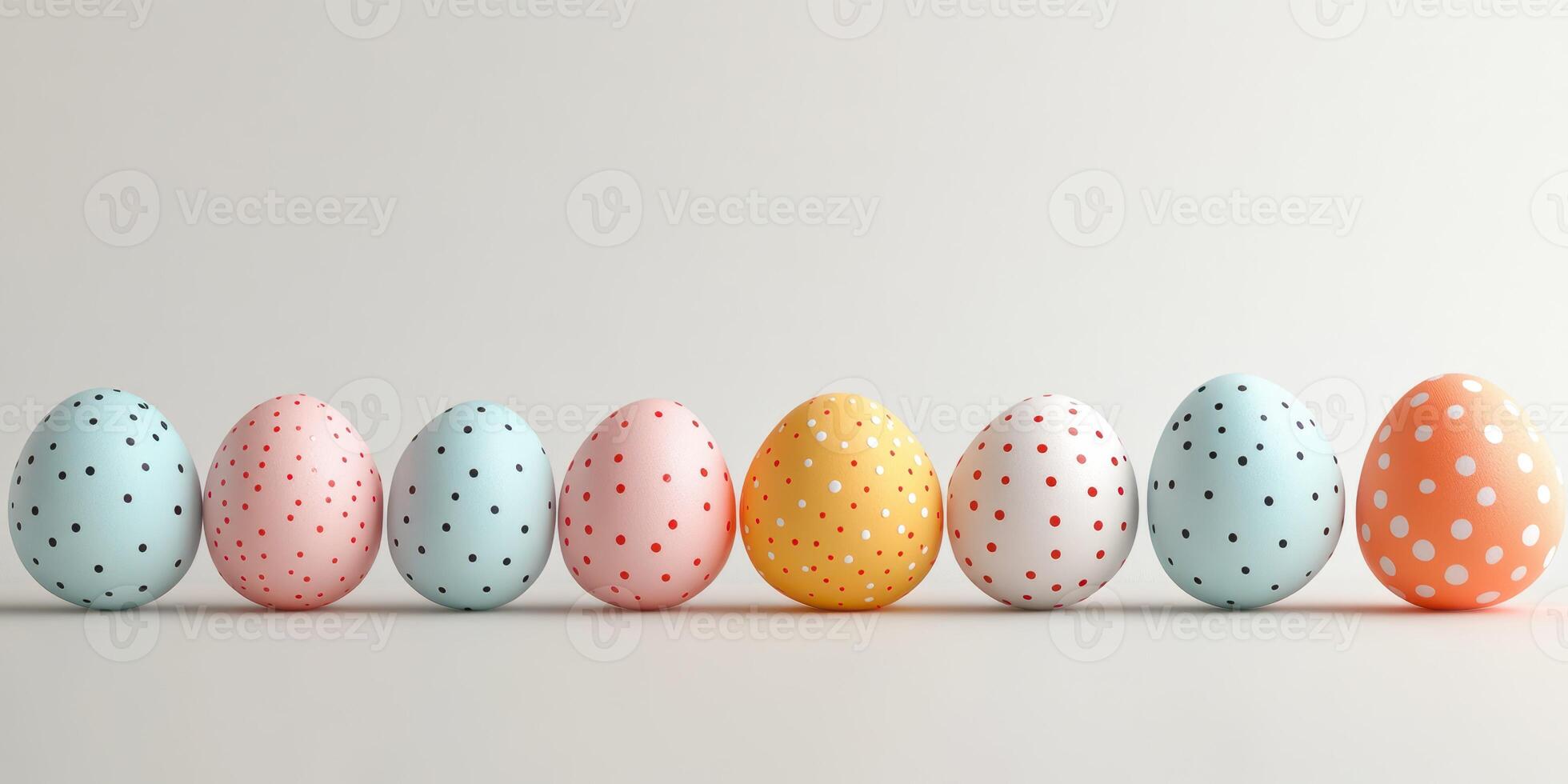 Colorful polka dot eggs lined up on a neutral surface decorated for spring celebration photo