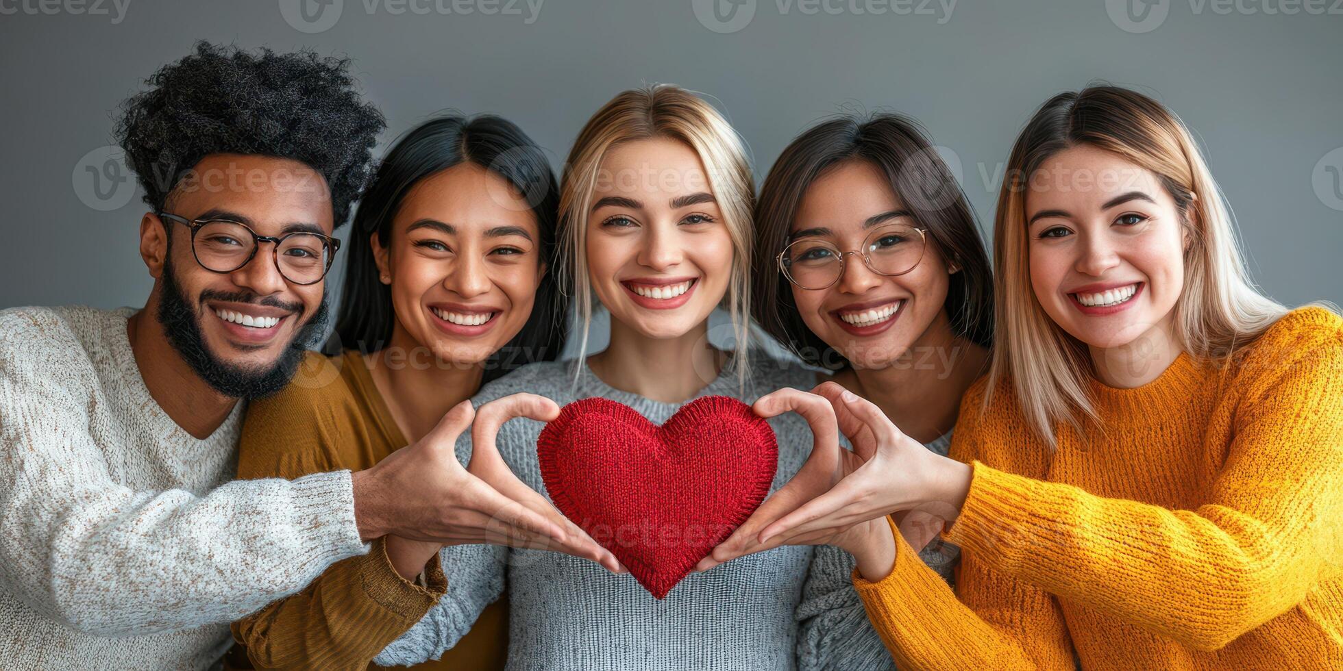 Group of friends smiling together while holding a red heart symbol in a warm indoor setting during daytime photo