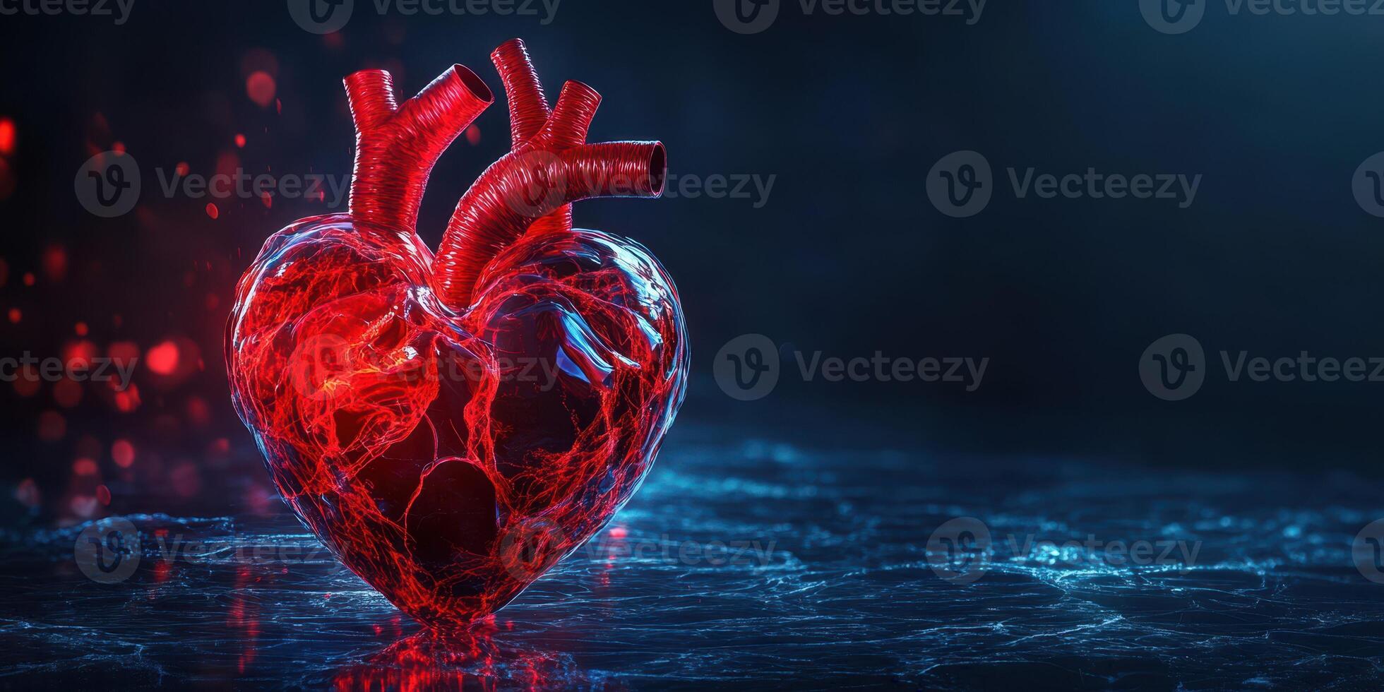 Realistic 3D rendering of a human heart with intricate details in red glowing against a dark background photo