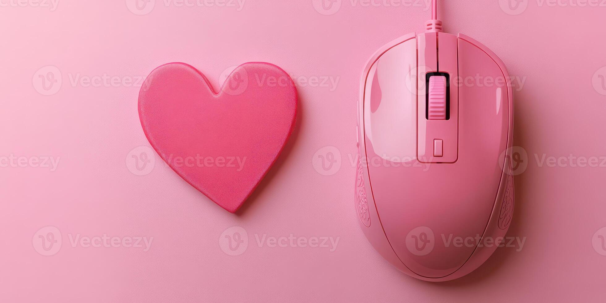 Pink gaming mouse and heart-shaped object on pastel pink surface creating a playful and modern aesthetic photo