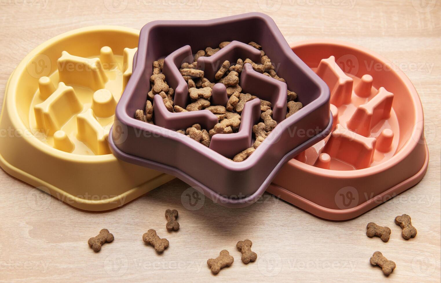 Three Slow feeding bowl containing dry pet food on wooden table photo