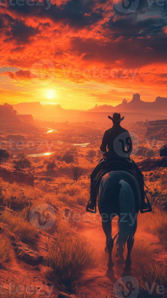 Cowboy riding into sunset across canyon landscape with vibrant clouds and warm colors in the evening photo