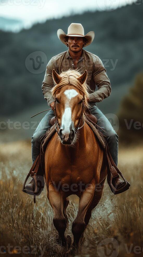 Rider in cowboy attire gallops on a chestnut horse across a lush meadow at sunset in the countryside photo