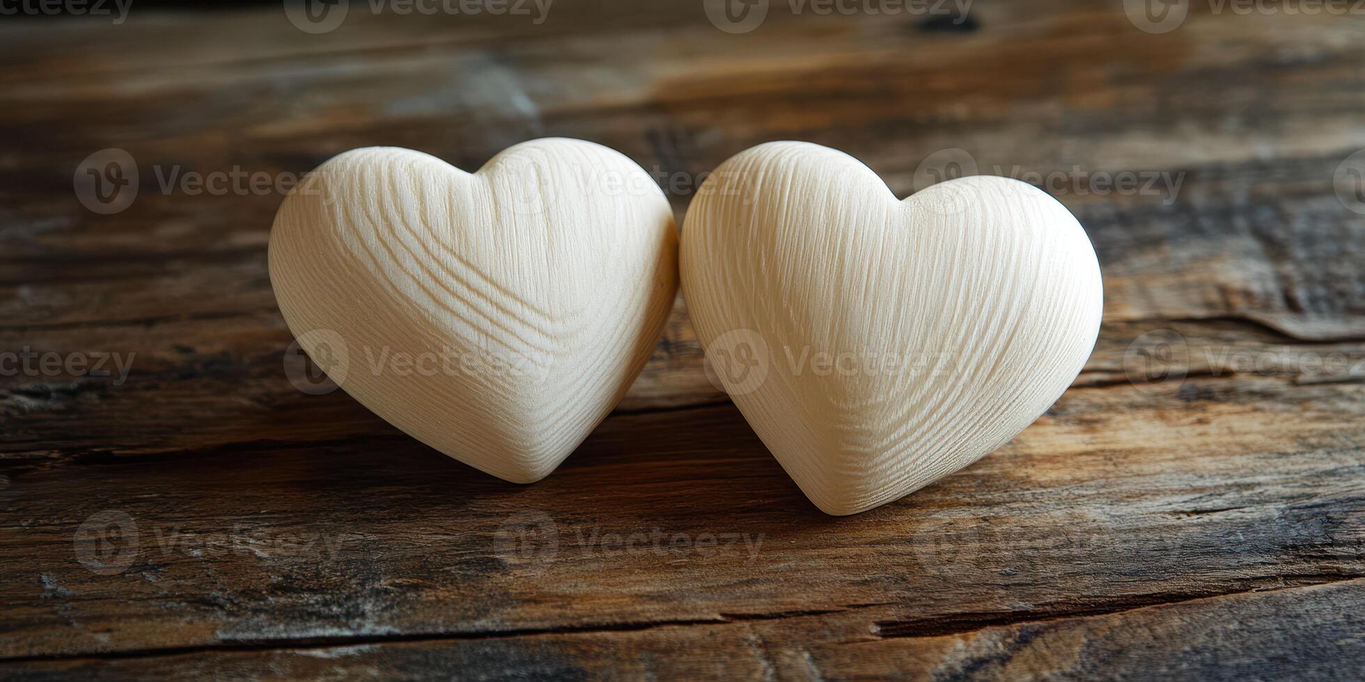Two intricately carved wooden heart shapes resting on a rustic wooden surface photo