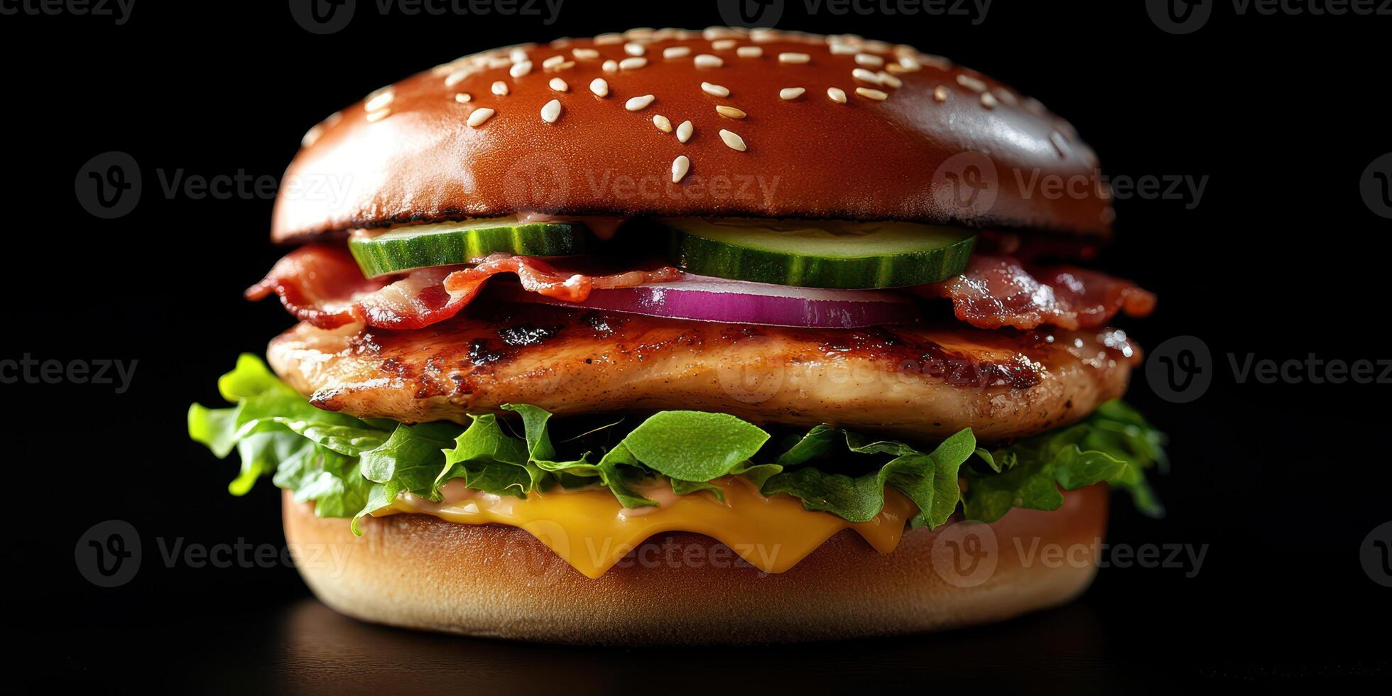 Delicious gourmet burger with grilled chicken, bacon, fresh vegetables, and melted cheese on a sesame seed bun photo