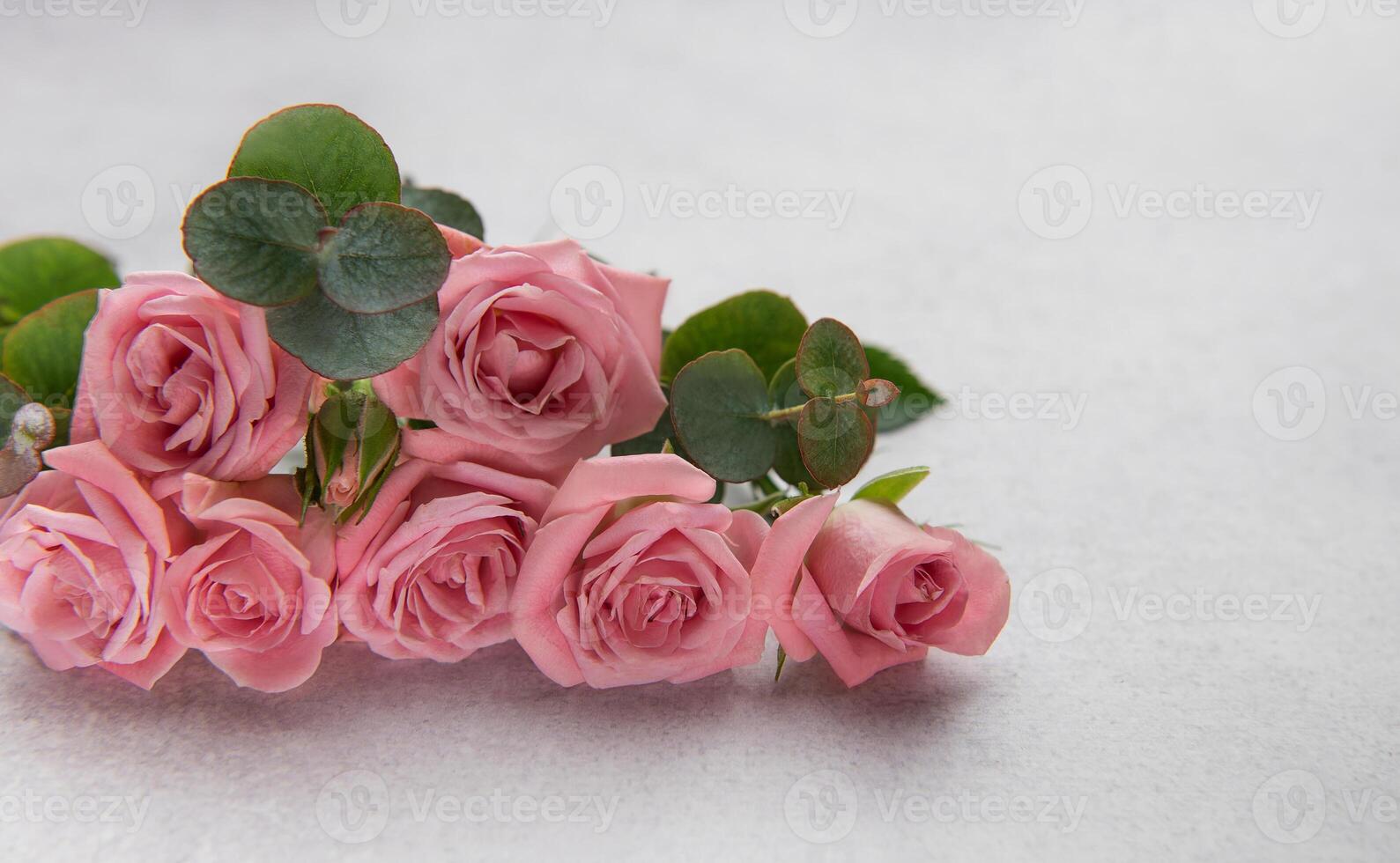 Roses and eucalyptus forming a beautiful bouquet on a textured surface photo