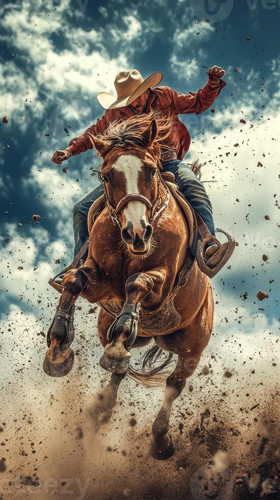 Cowboy riding a galloping horse in an open field during a dramatic sky photo