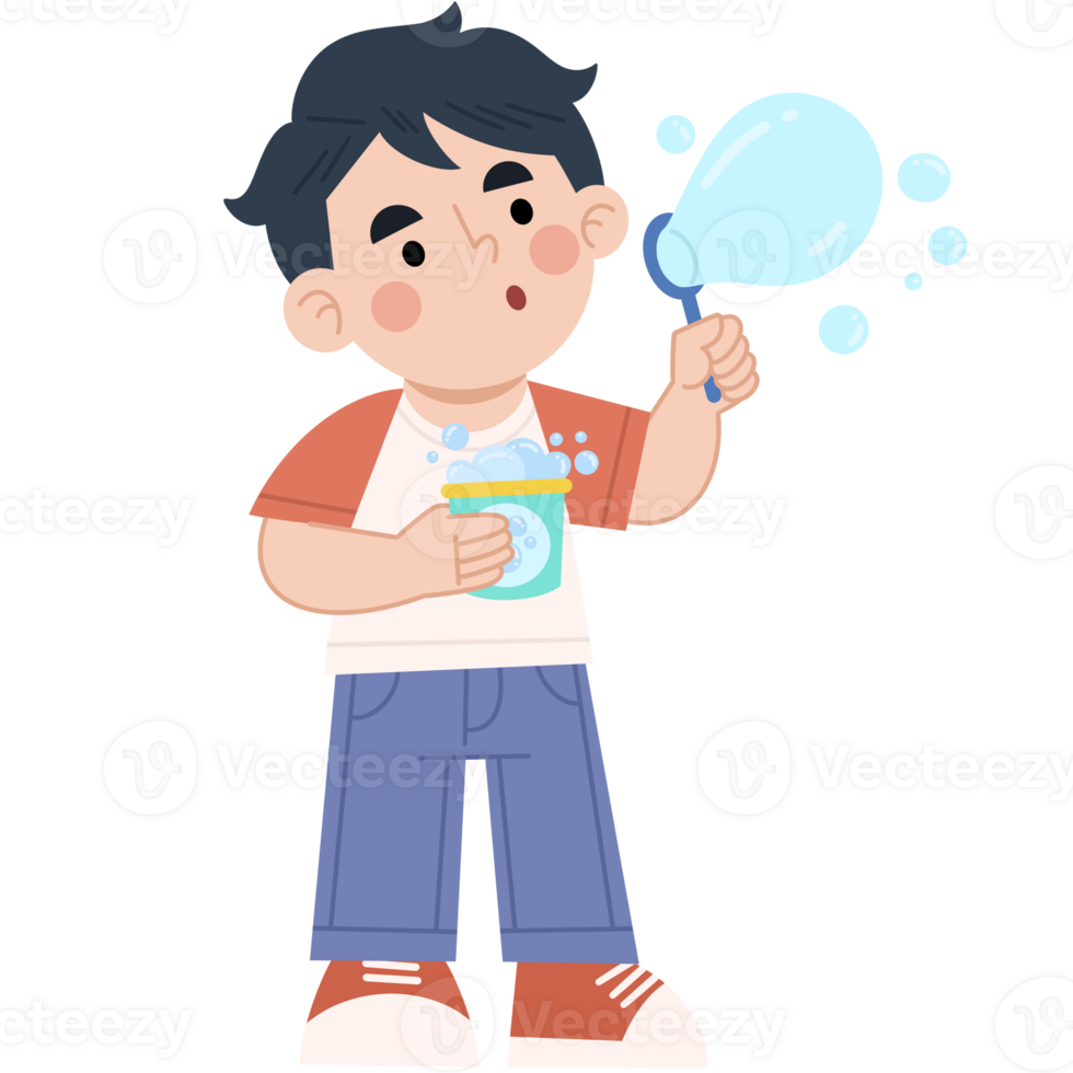 Illustration of a boy blowing bubbles with soap png
