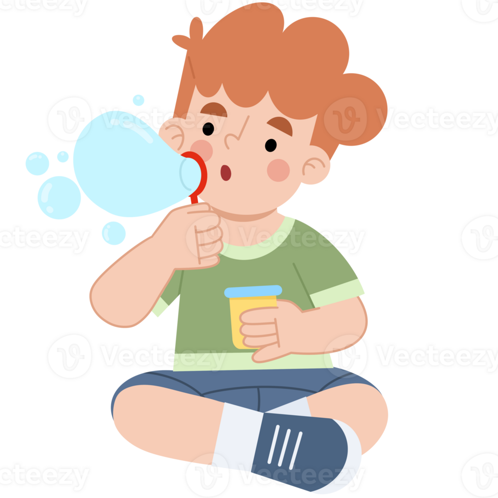 Illustration of Little Boy Blowing Bubbles with Soap png