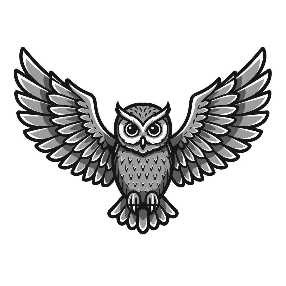 An owl with wings spread out in black and white vector
