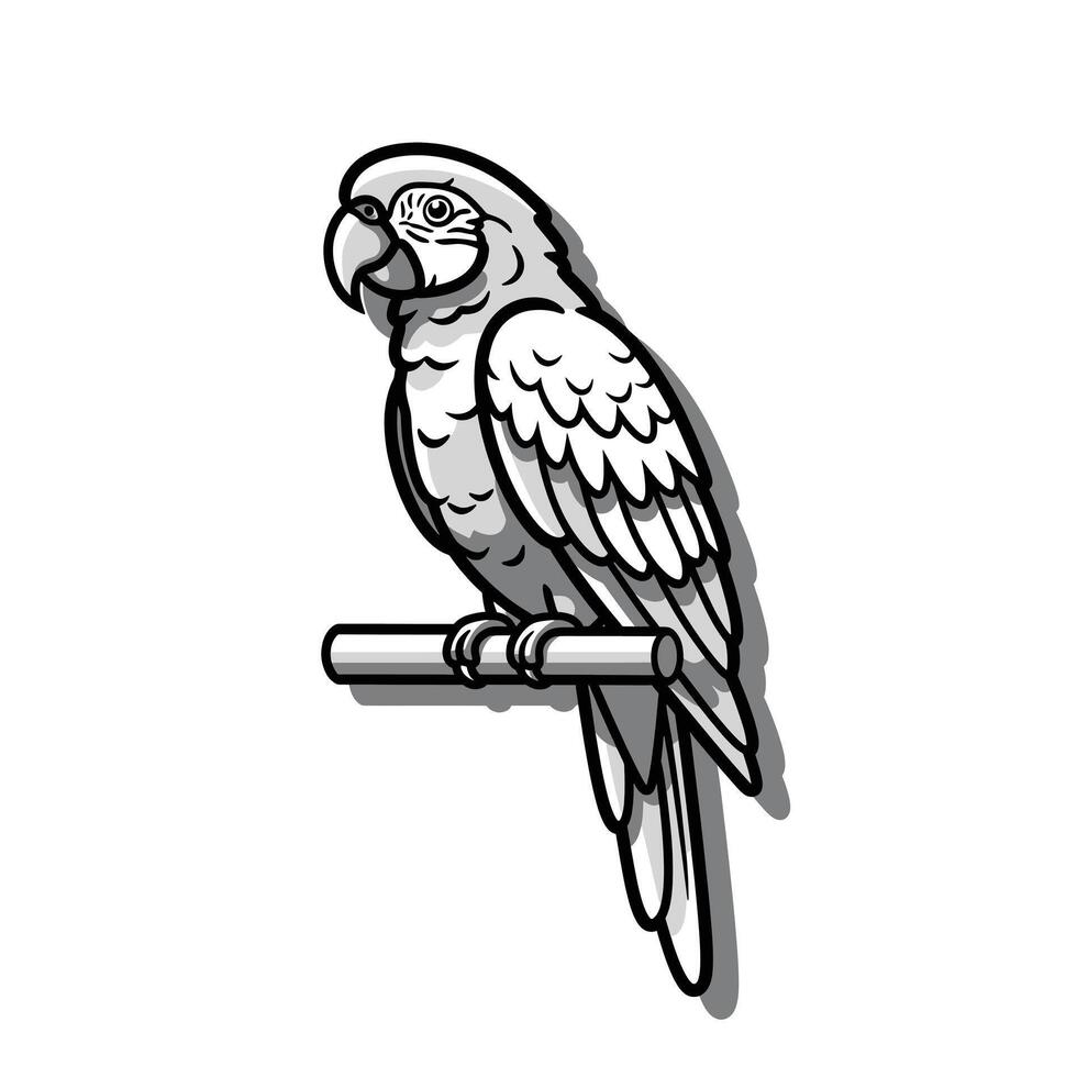 A black and white drawing of a parrot sitting on a branch vector