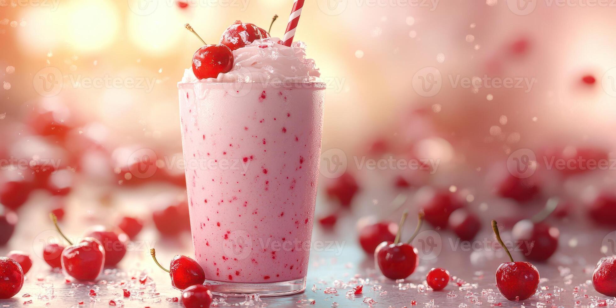 Milkshake with cherries served in a glass on a bright and festive table filled with berries photo
