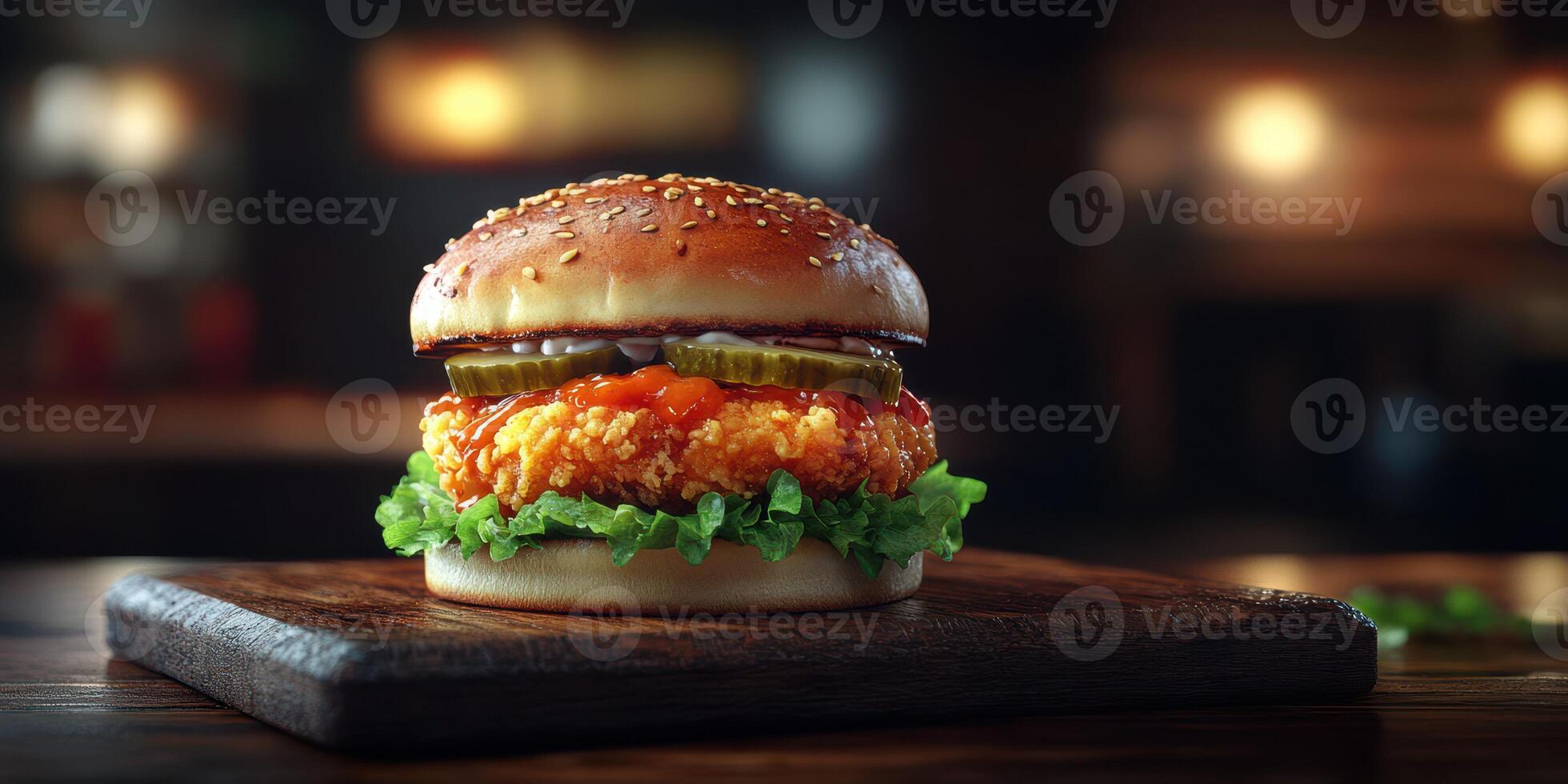 Delicious fried chicken burger with pickles and lettuce on a wooden board in a cozy restaurant setting at night photo