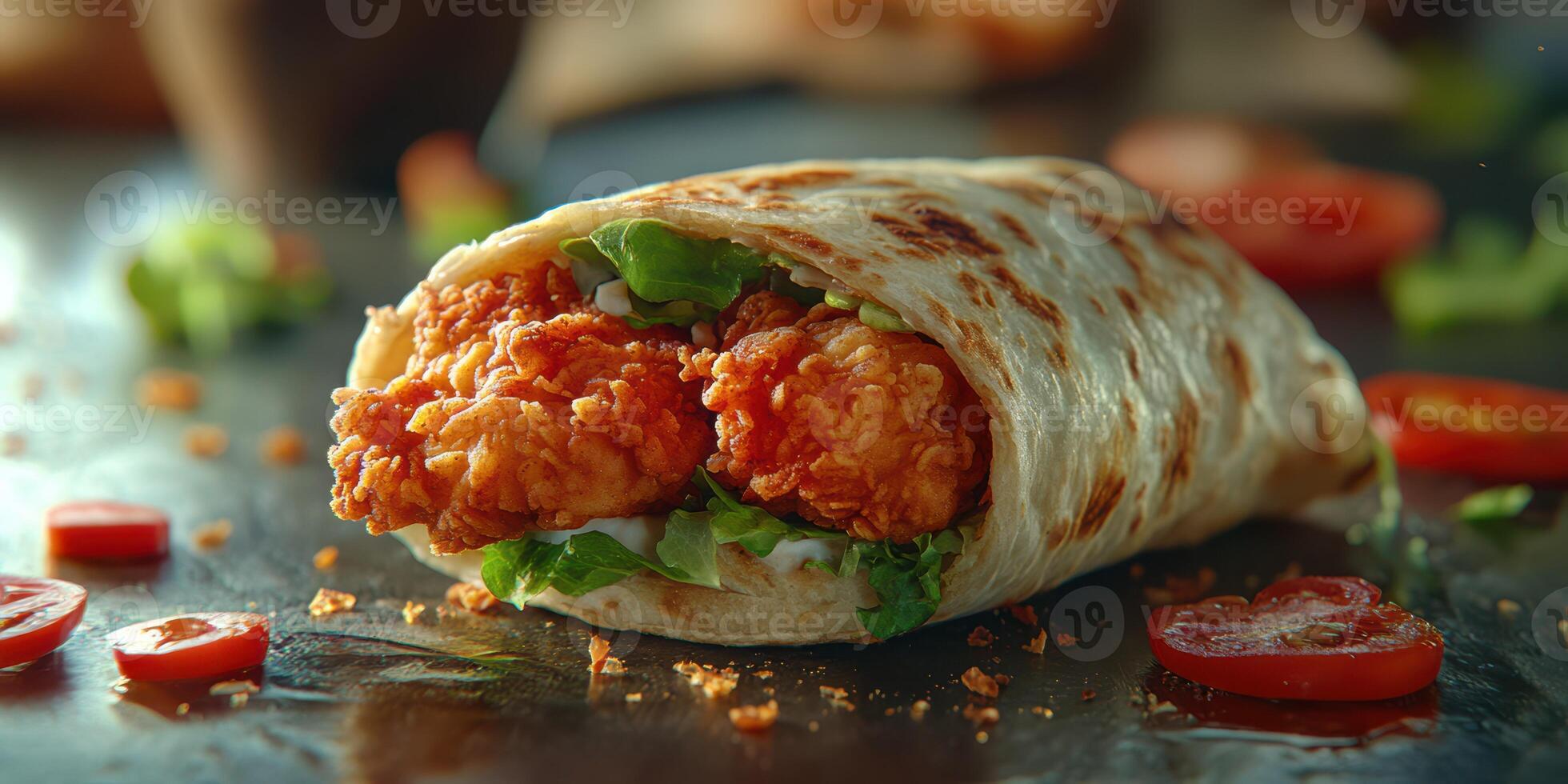 Freshly made chicken wrap with crispy fried chicken, lettuce, and tomatoes served on a rustic wooden table photo