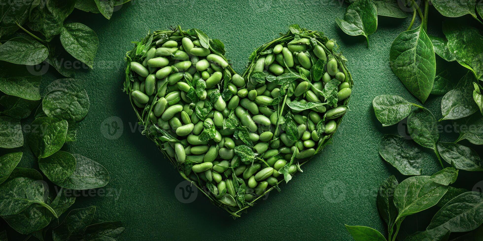 Heart-shaped arrangement of fresh green vegetables and leaves on a textured surface in a vibrant display of healthy eating photo