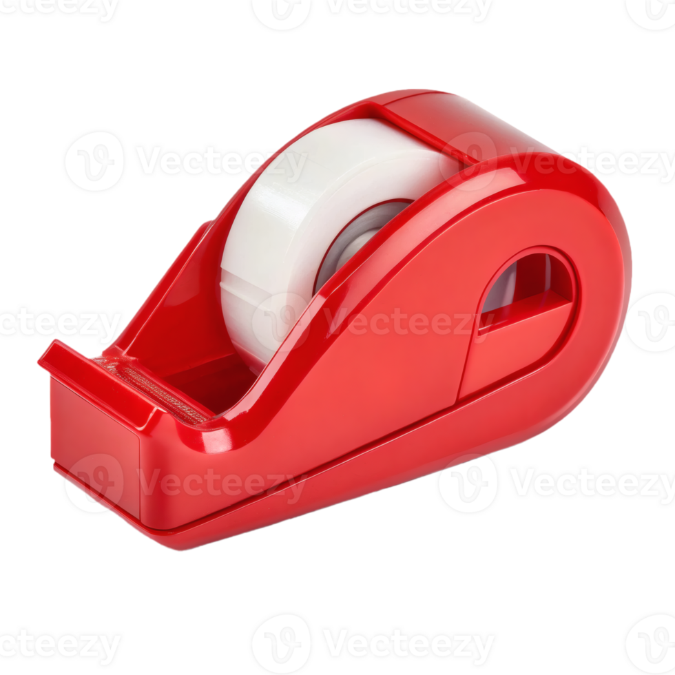 A red plastic tape dispenser holding a roll of transparent tape, isolated, office supplies png