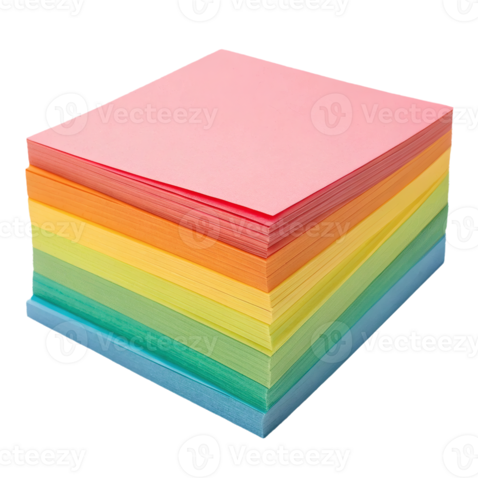 Collection of stacked colorful paper sheets arranged in gradient rainbow hues. png