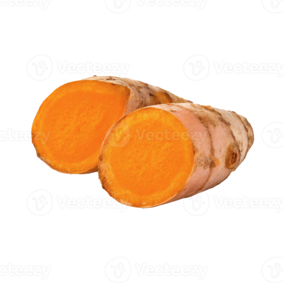 Close-up of fresh turmeric root sliced in half, revealing vibrant orange interior. Isolated, health png