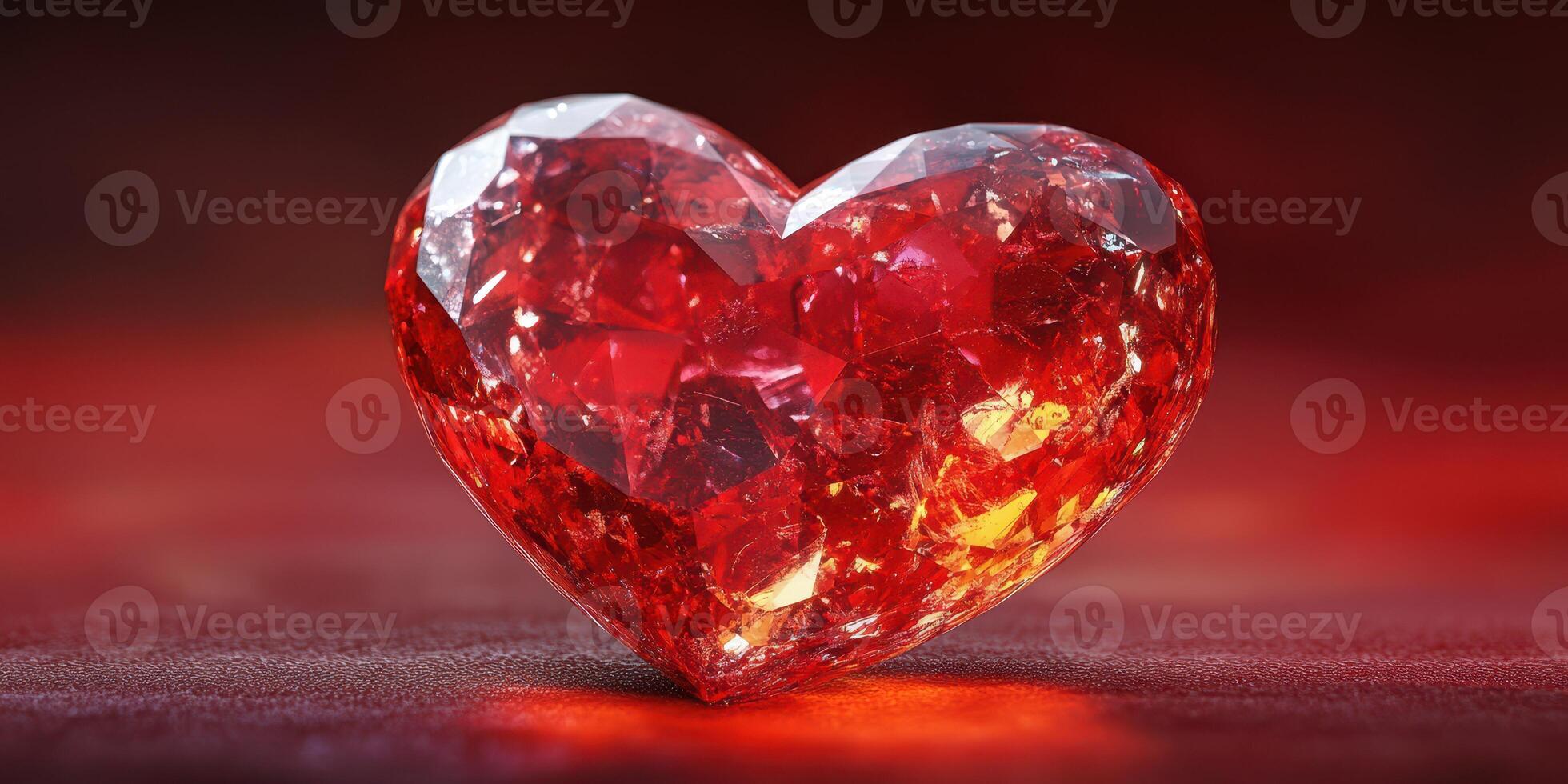 Glistening red heart-shaped gemstone resting on a textured surface illuminated by soft warm light photo