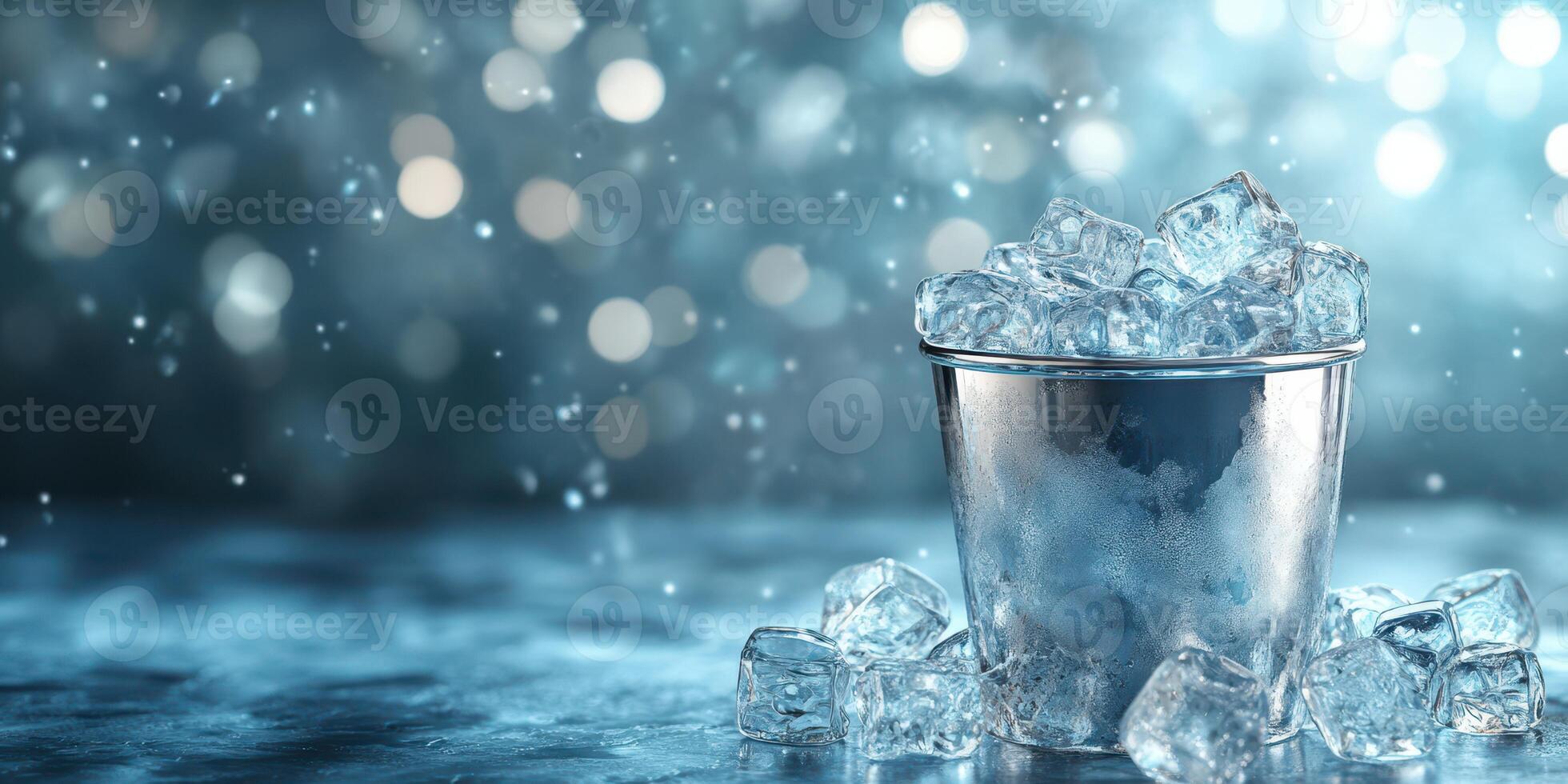 Ice bucket filled with ice cubes in a cool, glimmering setting photo