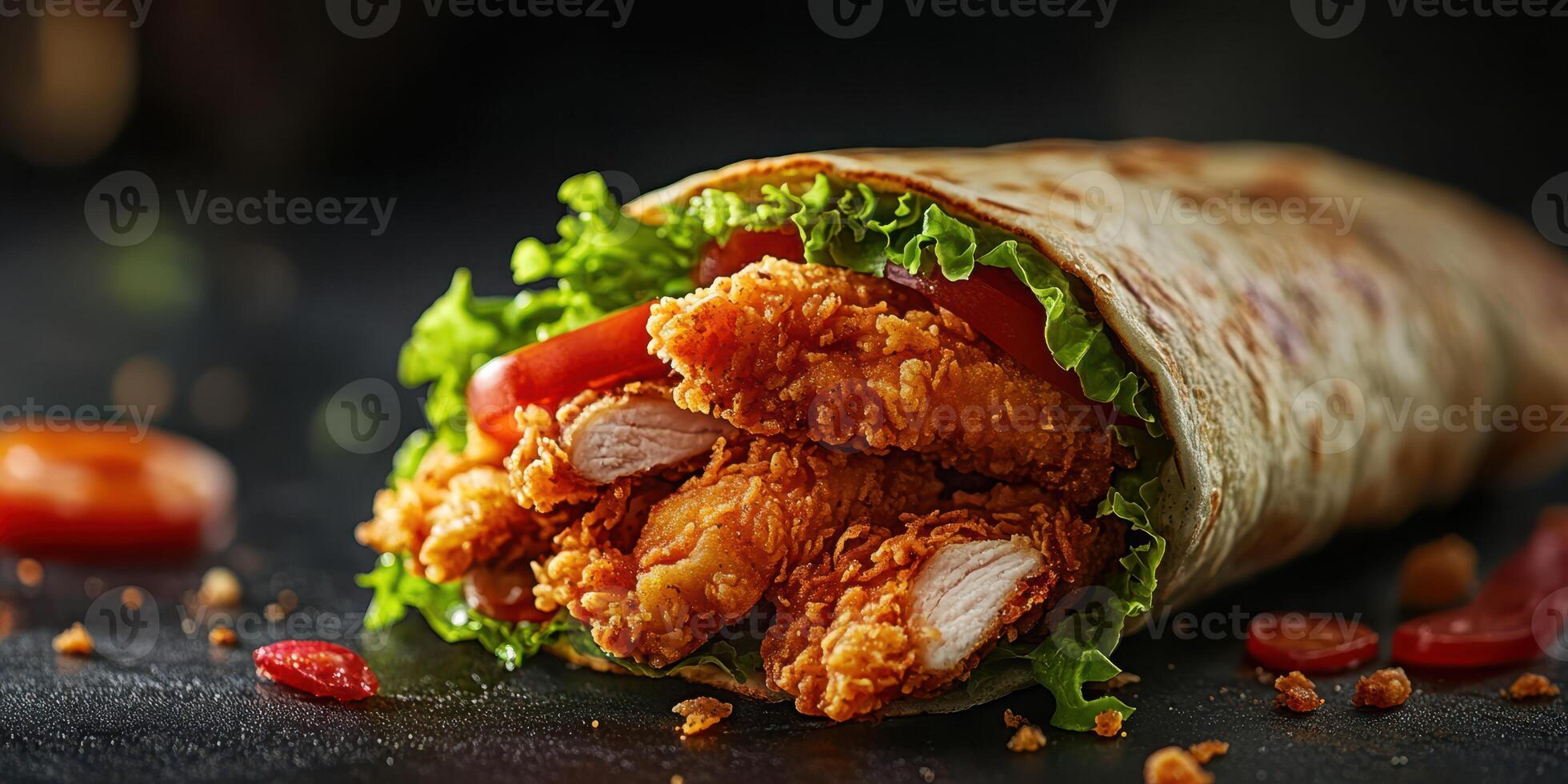 Crispy chicken wrap filled with fresh vegetables and herbs served on a dark surface photo