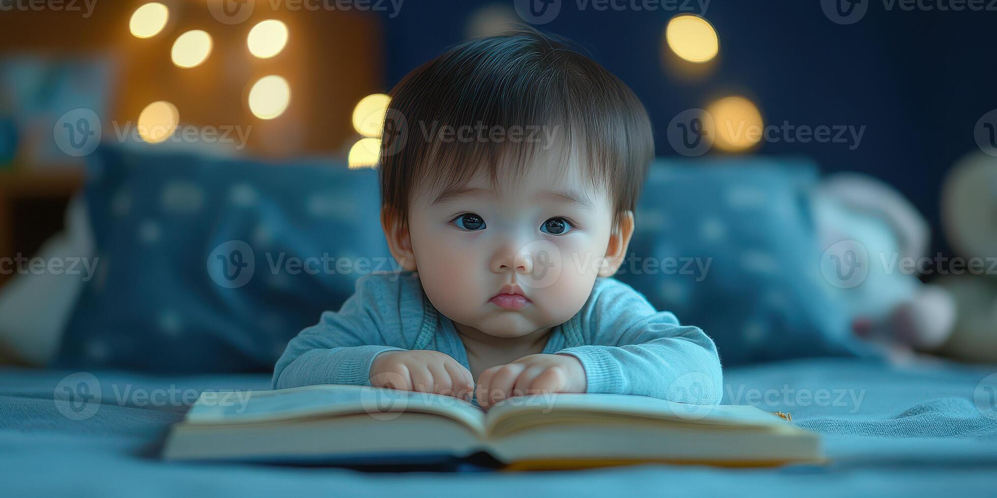 Baby reading a book on a cozy bed with soft lighting in a peaceful room at night photo